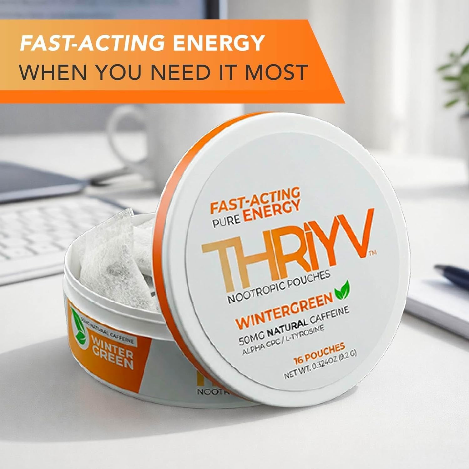 (5 Pack) THRiYV Nootropic Energy Pouches – Wintergreen – 50mg Caffeine Per Pouch