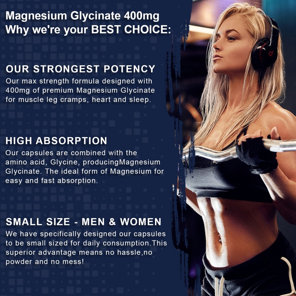 Magnesium Glycinate 120 Capsules 400mg 100% High Absorption Chelated