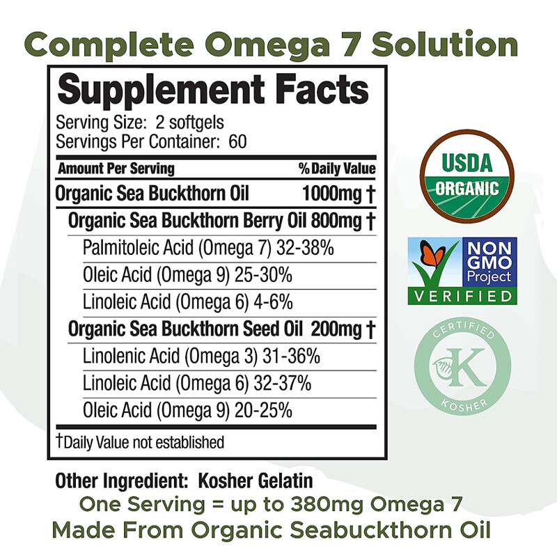 Omega-7 Complete 2000mg- Organic Sea Buckthorn Oil, Palmitoleic Acid- Anti-Aging