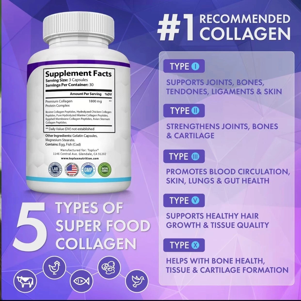 5-Type Collagen Peptides 1800mg for Skin & Joint Health,Toplux Nutrition,90 Caps