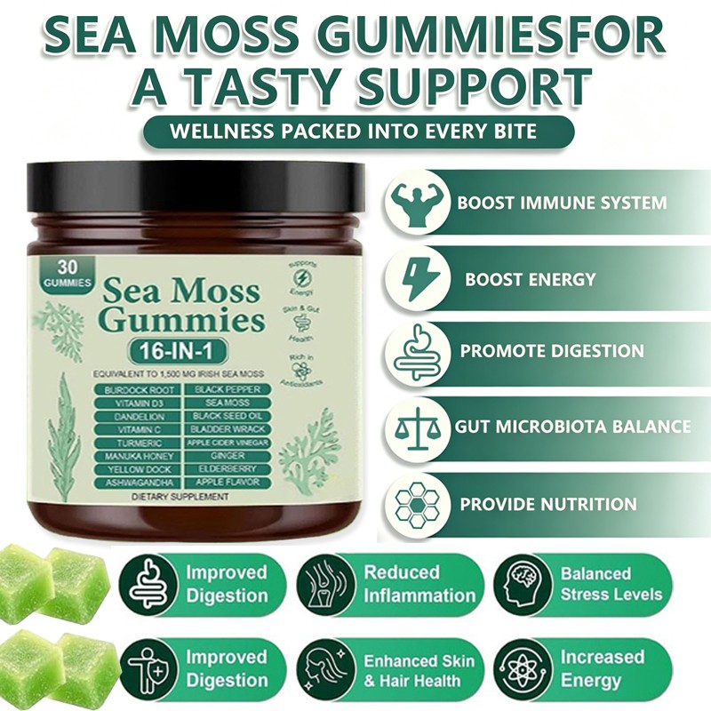 Sea Moss Gummies 16-in-1, Sea Moss Blend with Black Seed Oil-Green Apple Flavor