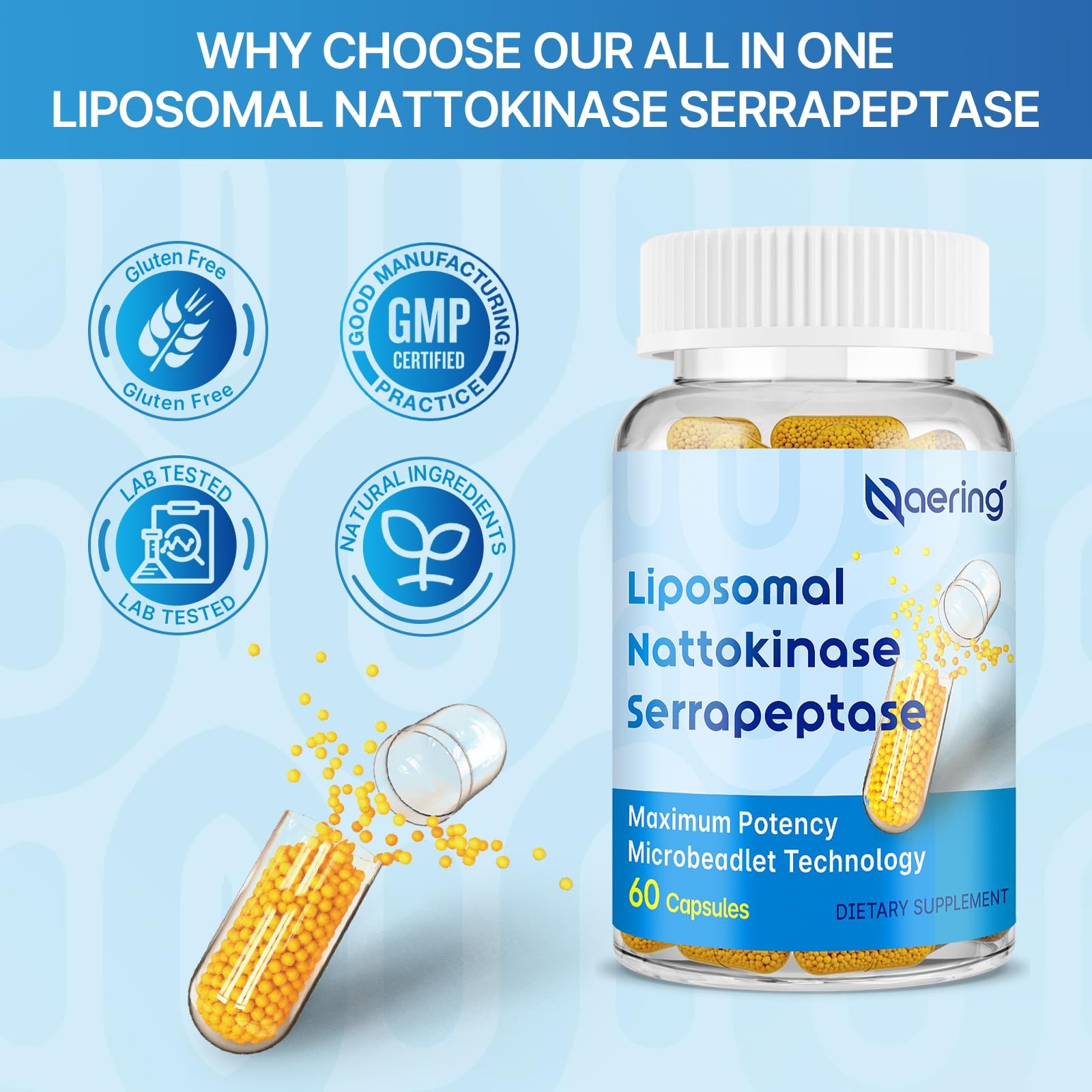Liposomal Nattokinase 12,000 FU Serrapeptase 60 Count (Pack of 2), Yellow