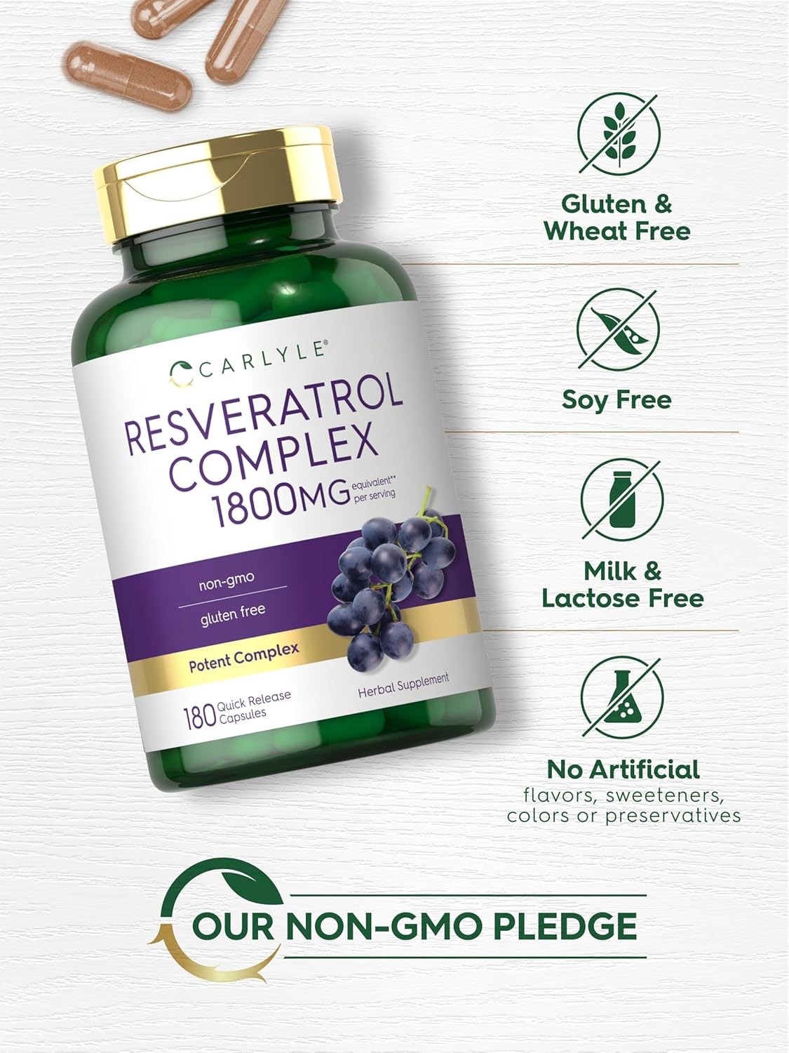 Resveratrol Supplement 1800mg | 180 Capsules | Non-GMO, Gluten Free | by Carlyle