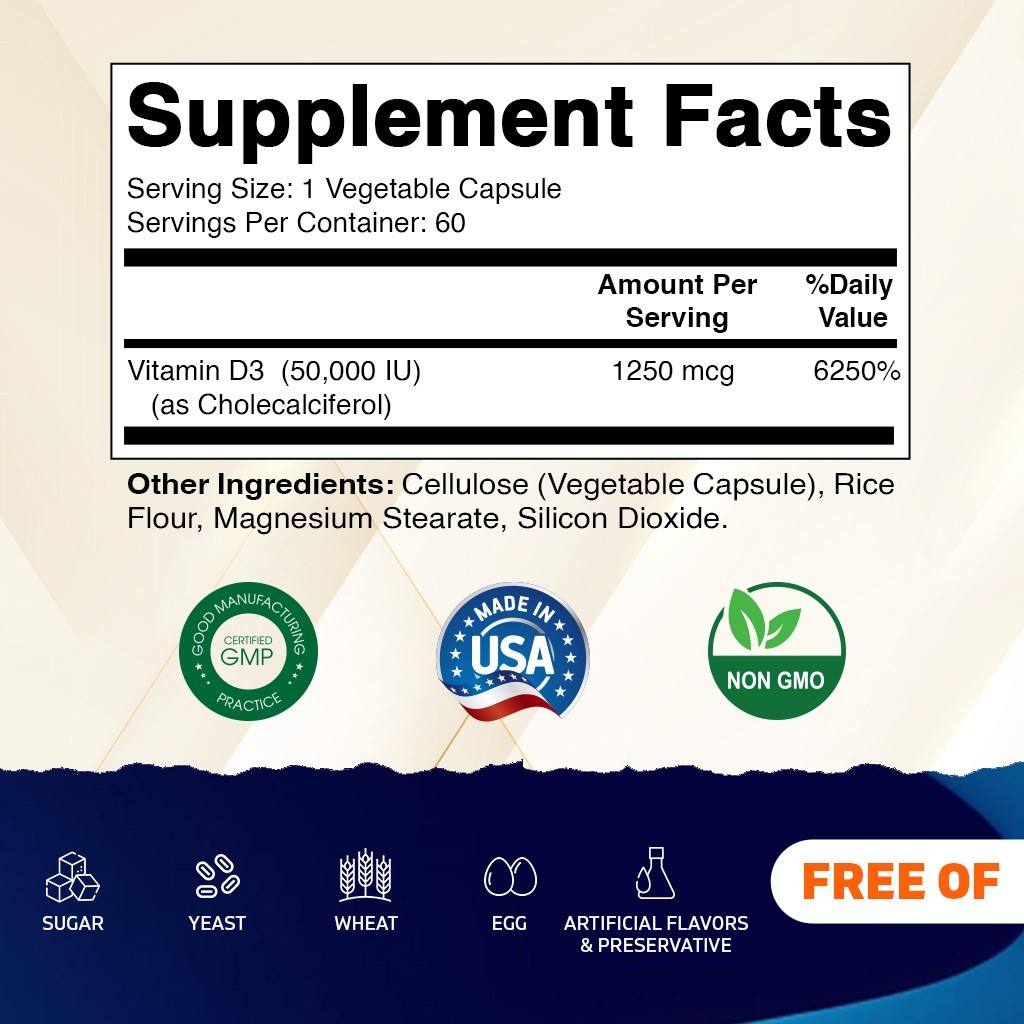 Vitamatic Vitamin D3 Weekly Dose 50,000 IU (Cholecalciferol) 60 Veggie Capsules