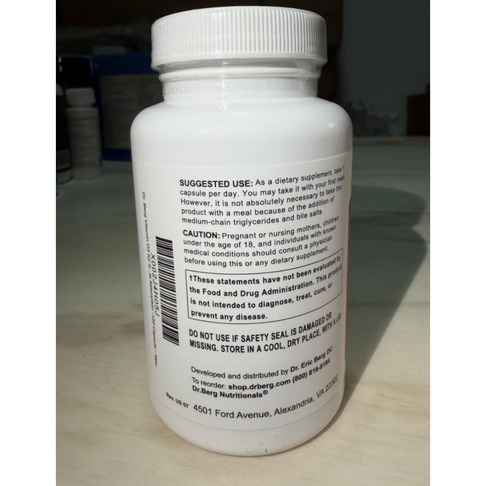Dr. Berg’s Nutritionals 100mg Vitamin D3 &K2 Supplement Support,120 Capsules,NEW