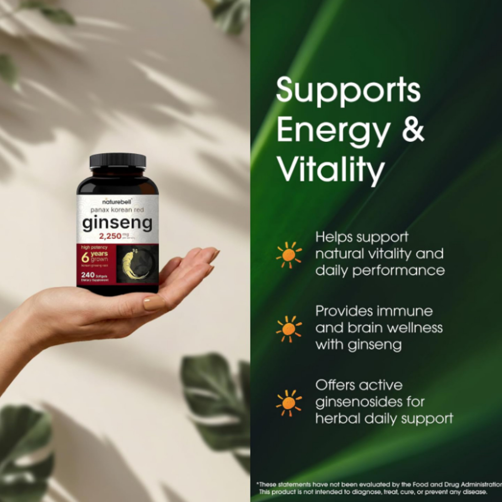 Panax rojo coreano Ginseng 2250mg para energía, rendimiento y enfoque mental