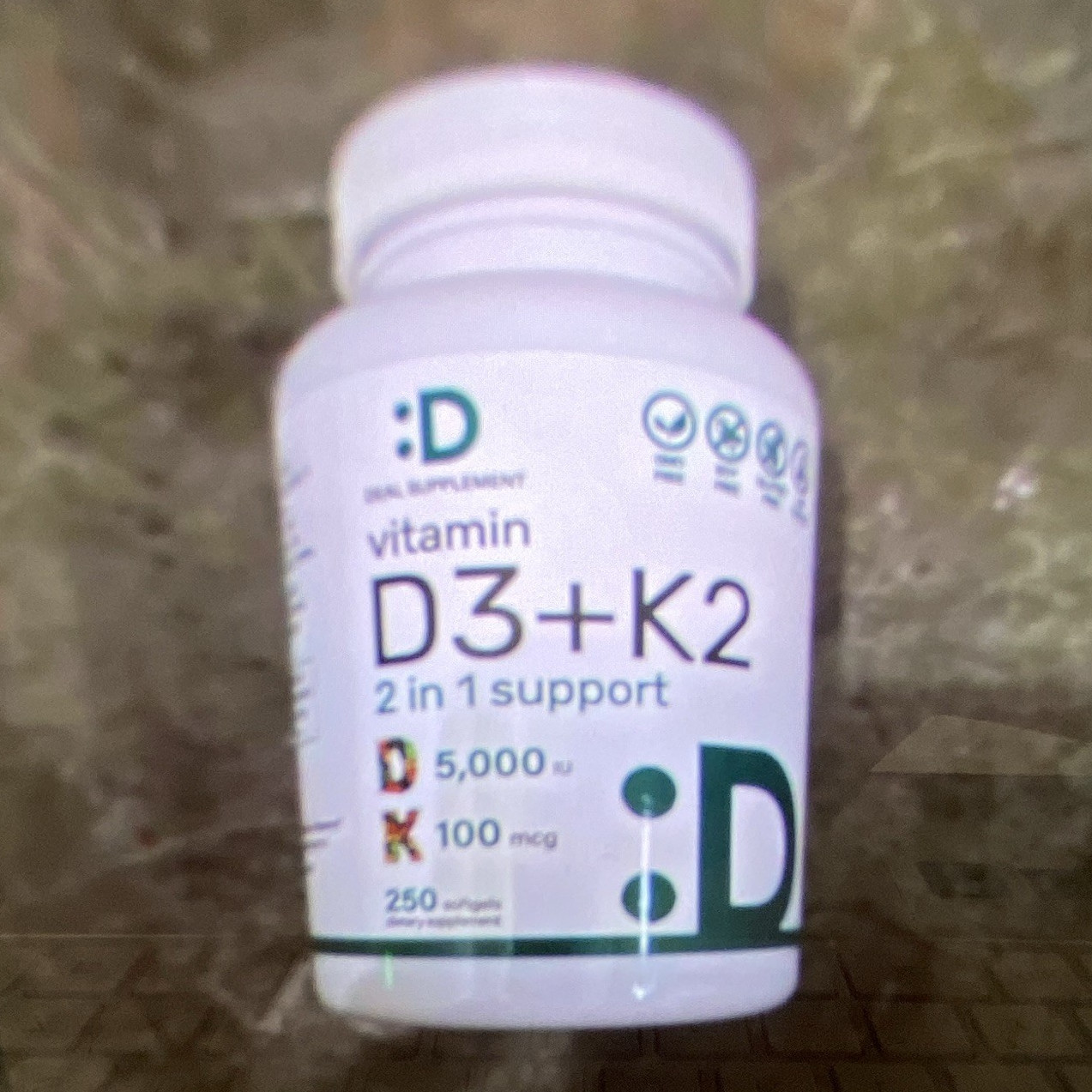 :D Vitamin D3 + K2 2-in-1 Support 5,000 IU/100 mcg 250 Softgels Adult