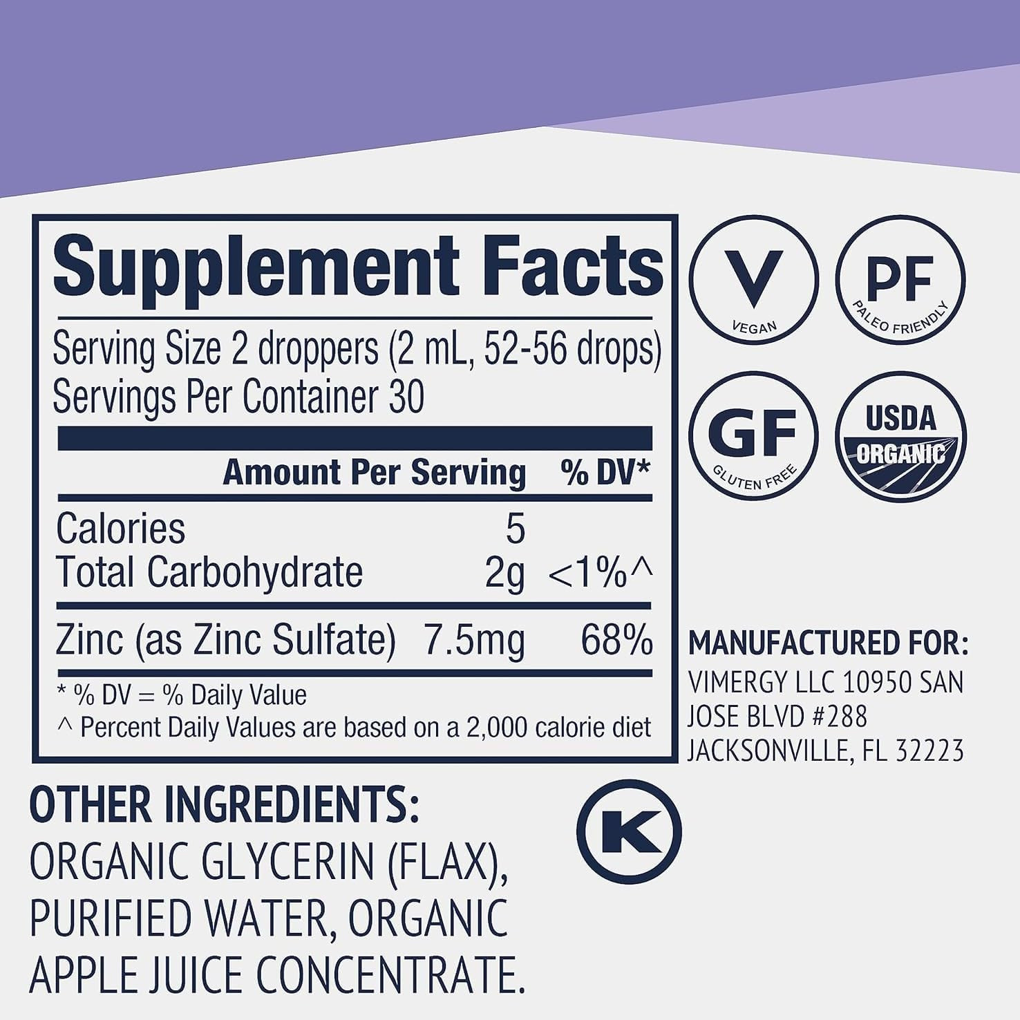 VIMERGY Organic Zinc Supplements for Women & Men (7.5mg Liquid Zinc Per Serving)