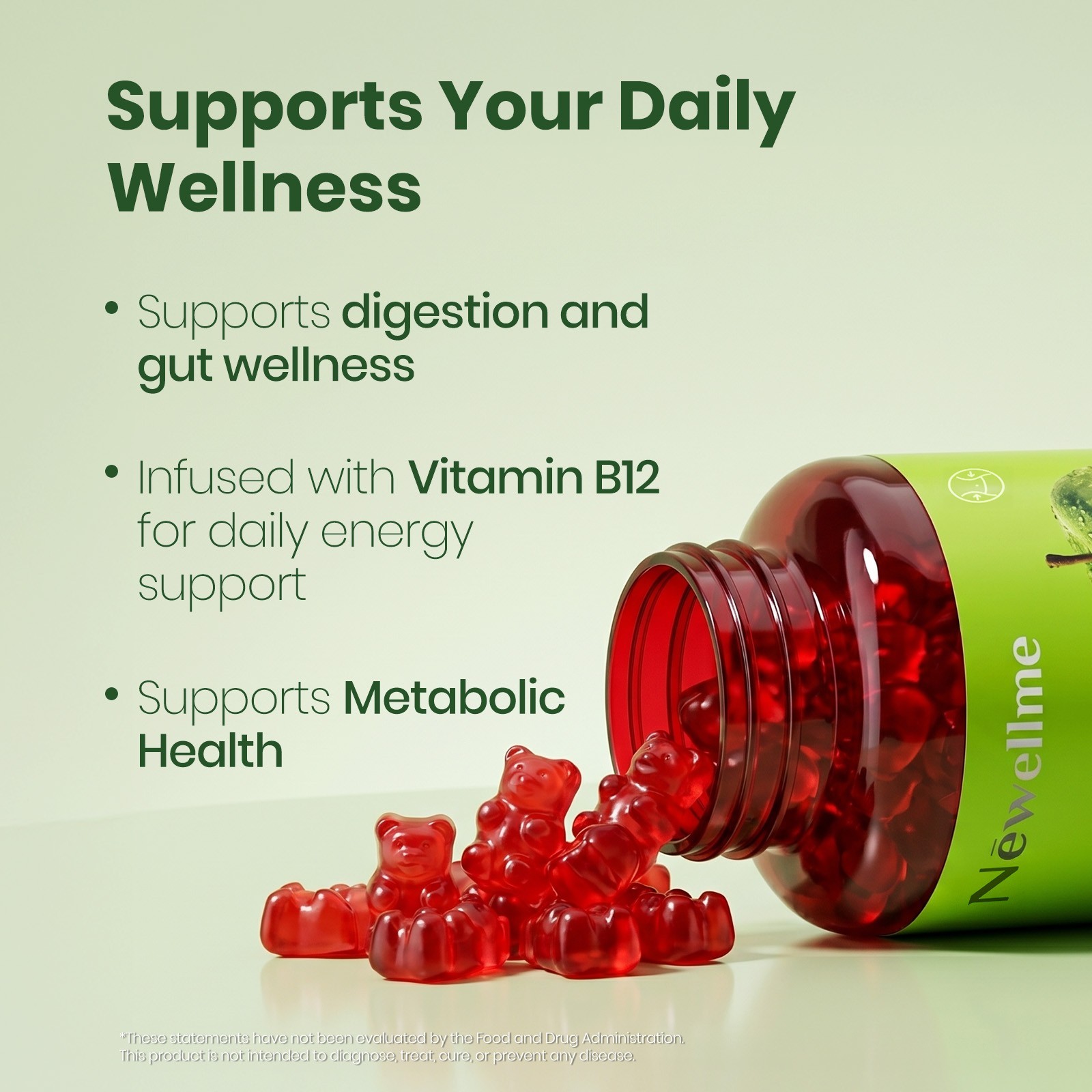NEWELLME Apple Cider Vinegar Gummies, Sugar-Free, B12, 1000mg ACV, Mother, 60ct
