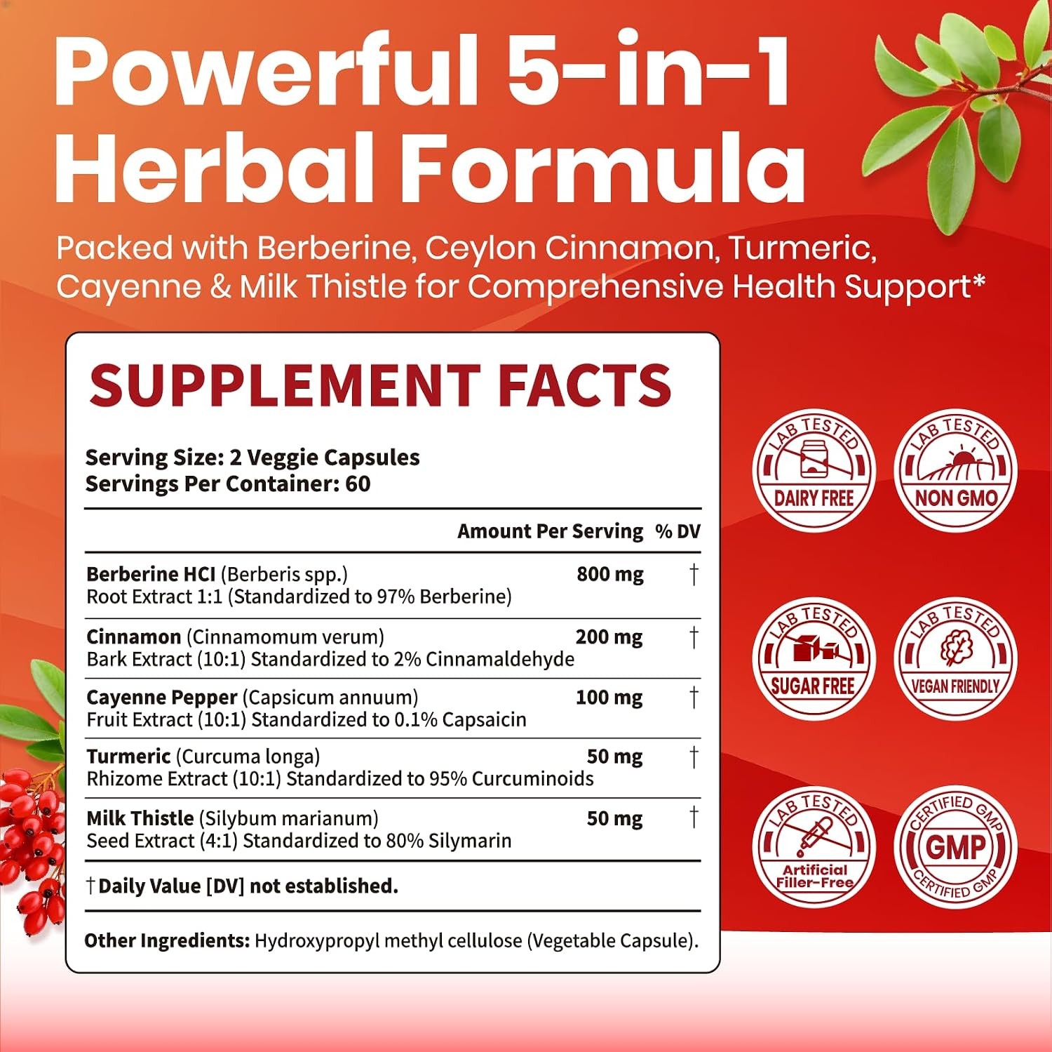 Berberine Supplement 1200mg with Ceylon Cinnamon Turmeric Cayenne Pepper