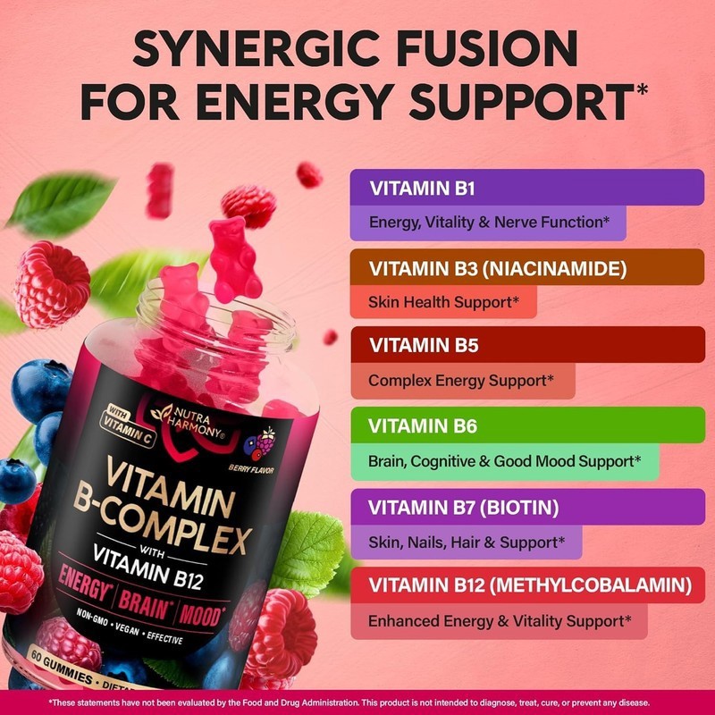 Vitamin B-Complex Gummies W/ Vitamin B12 B1 B2 B3 B5 B6 B7 B9 for Women Men