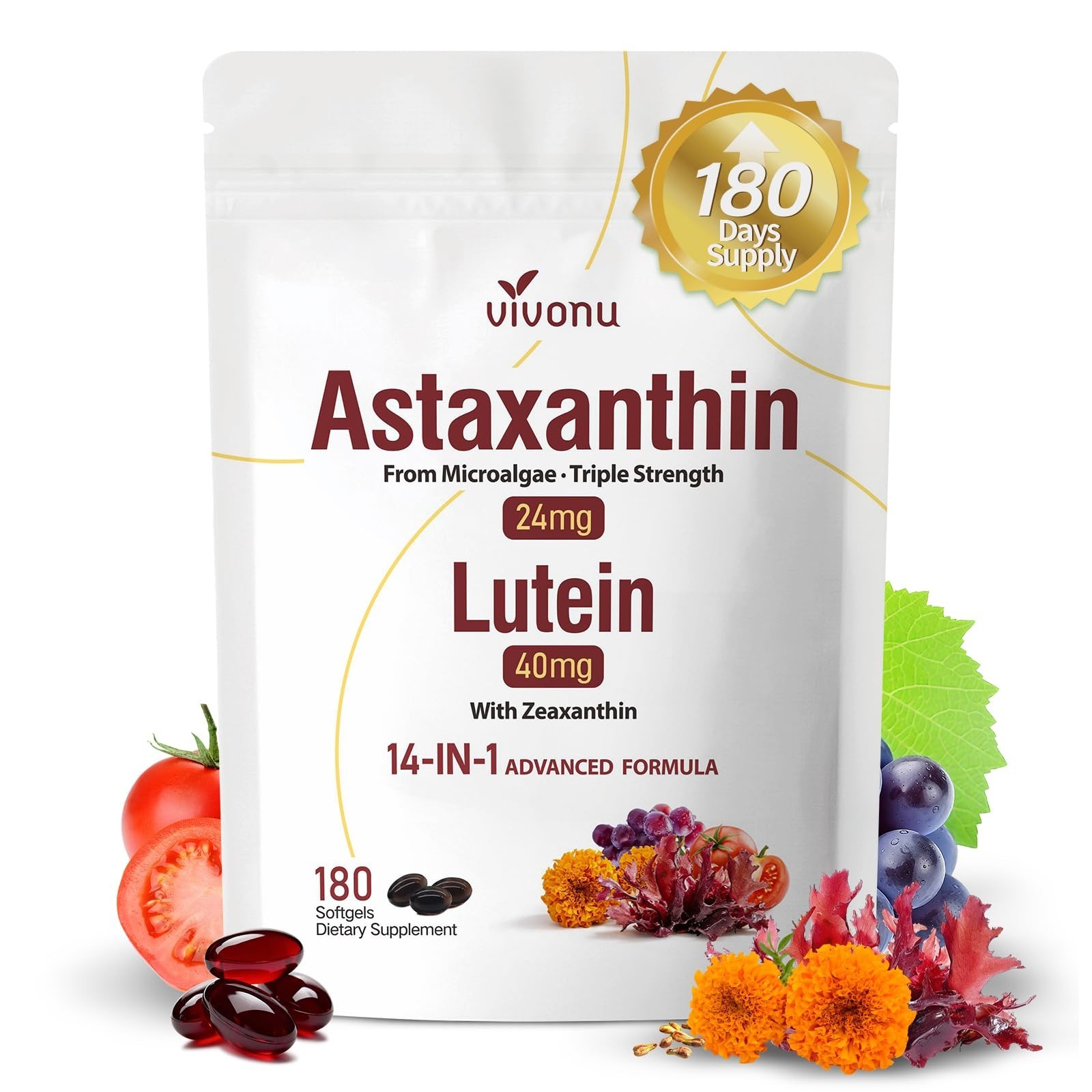 14-in-1 Astaxanthin & Lutein Softgels 24mg/40mg | 6 Month Supply, Eye & Skin Hea