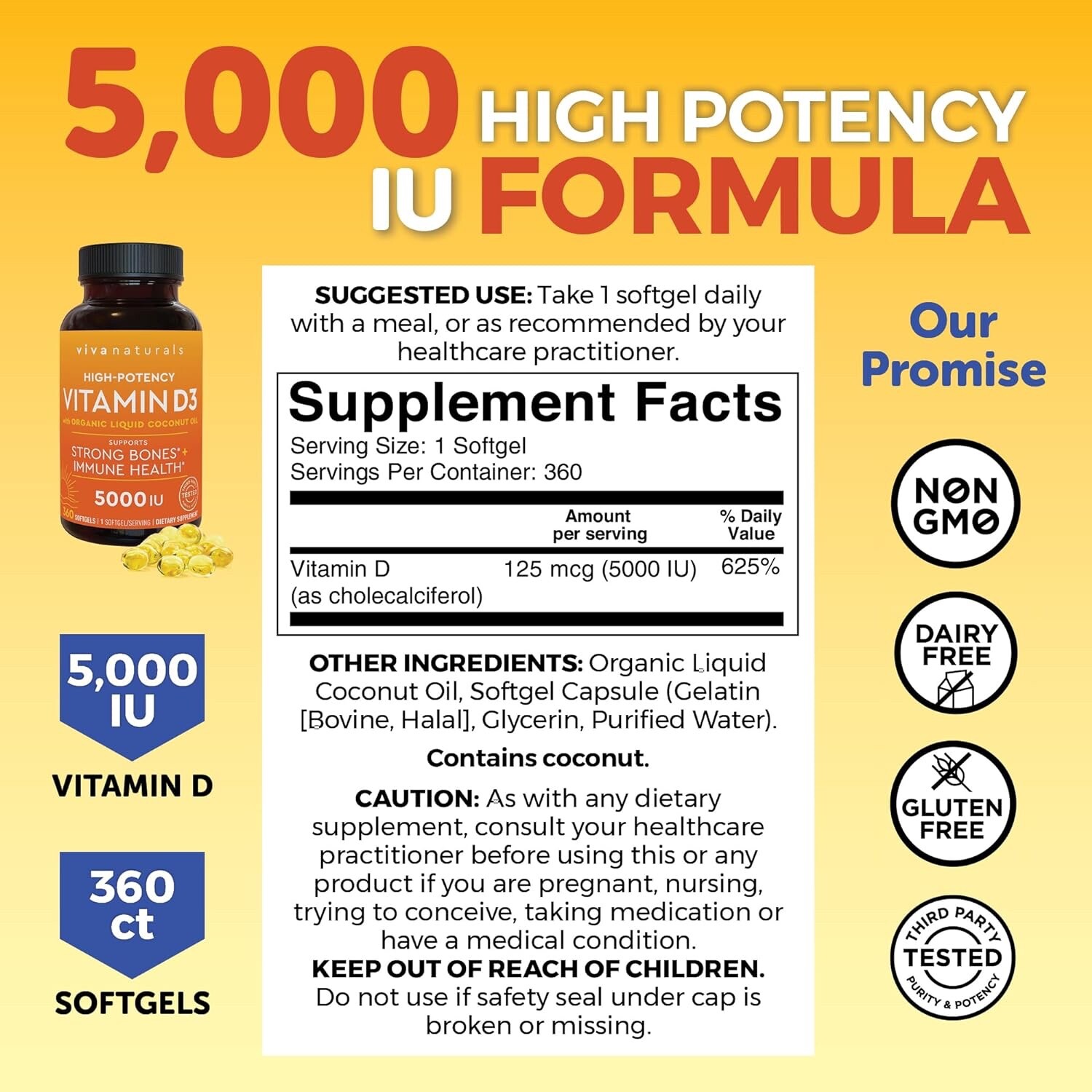 Viva Naturals D3 Vitamin 5000 IU Softgels 125 mcg 360 Softgels High Potency