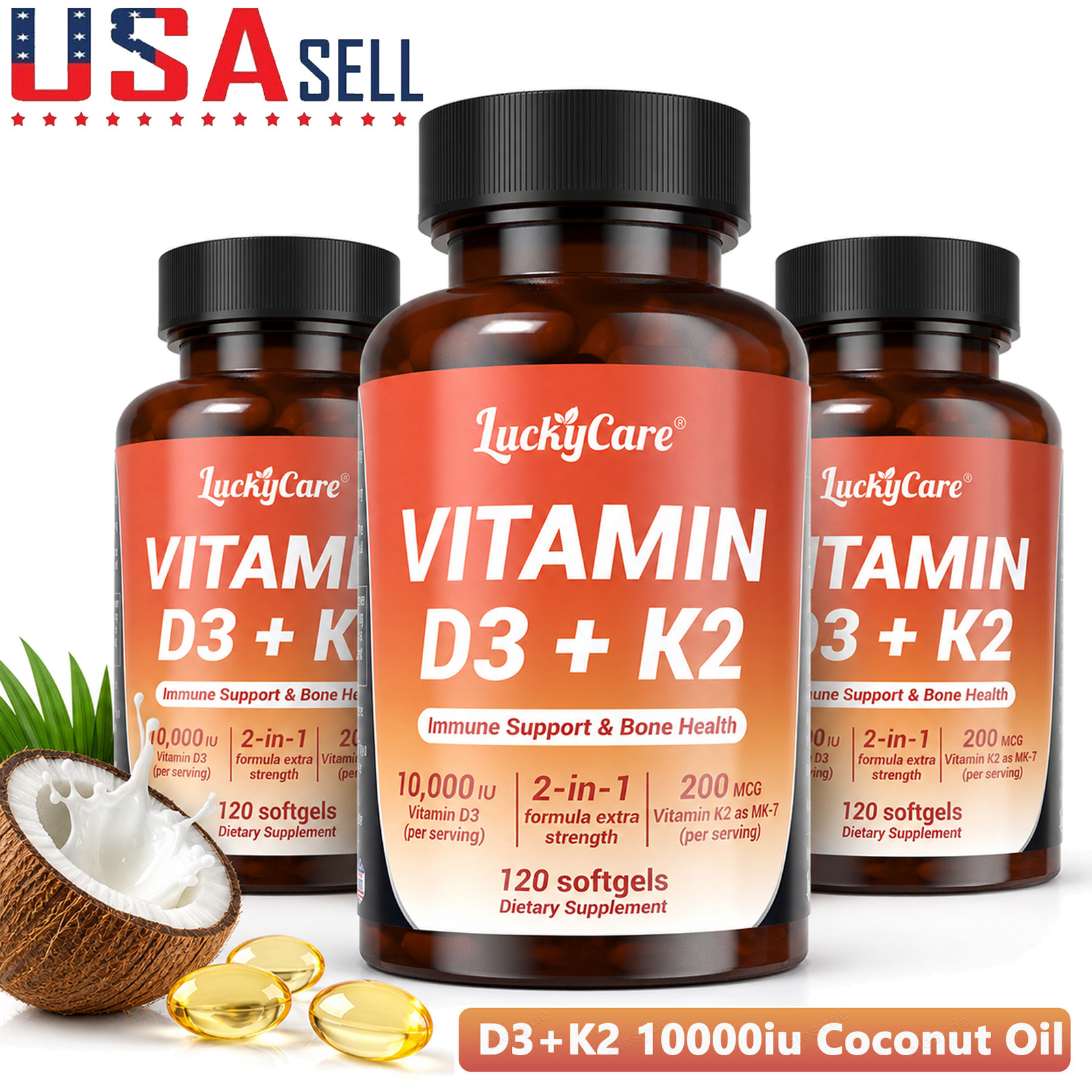Vitamin D3 K2 10000 iu with Coconut Oil, VIT d3 and k2 Supplements, 120 Gel Caps