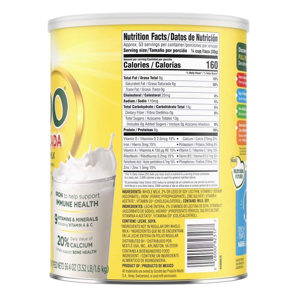 Dry Whole Milk Powder Fortified with Vitamins A C D Iron and Calcium 56.4 Ounce