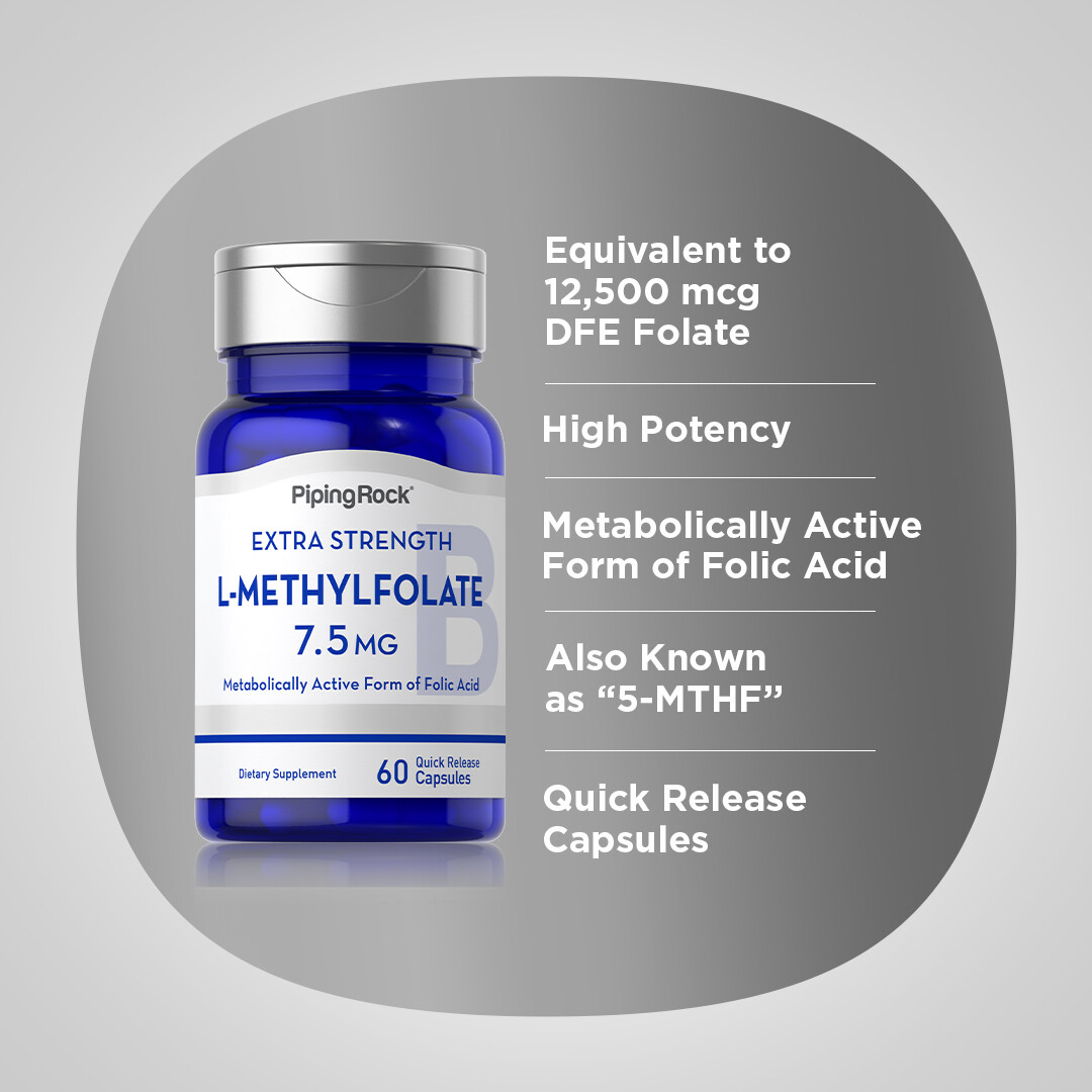 L Methylfolate 7.5 mg | 60 Capsules | Extra Strength | Non-GMO | by Piping Rock