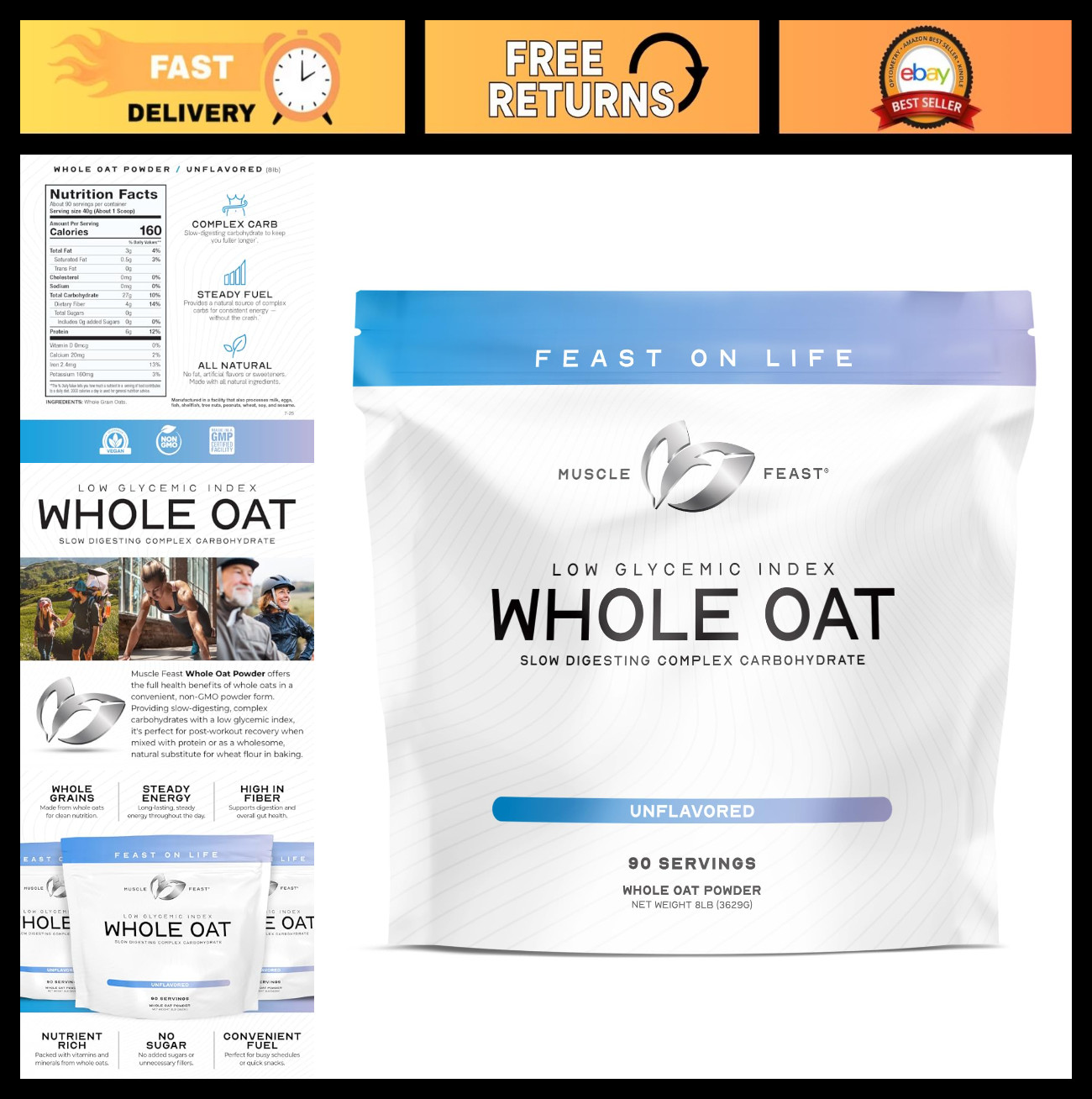 All-Natural Whole Oat Powder – Non-GMO Vegan Complex Carb Fiber, 8lb – Steady En