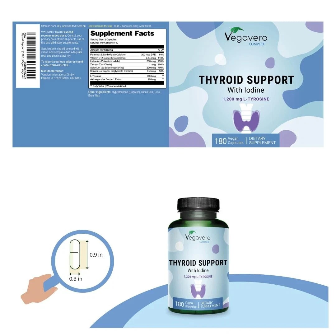 Vegavero Thyroid Support | 180 Capsules | Highest Dosage | Iodine L-Tyrosine