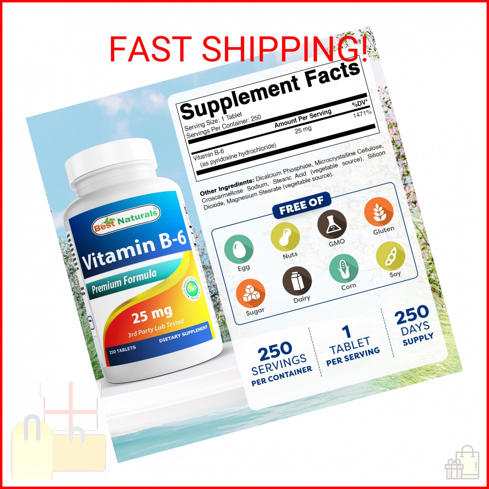 Best Naturals Vitamin B-6 25 Mg Tablets, 250 Count