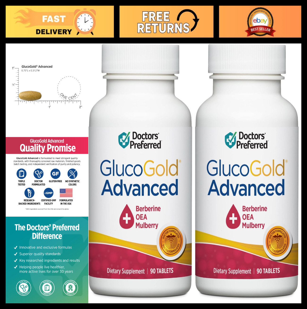 GlucoGold Advanced Berberine 1000mg with Cinnamon & Chromium – 180 Tablets Total