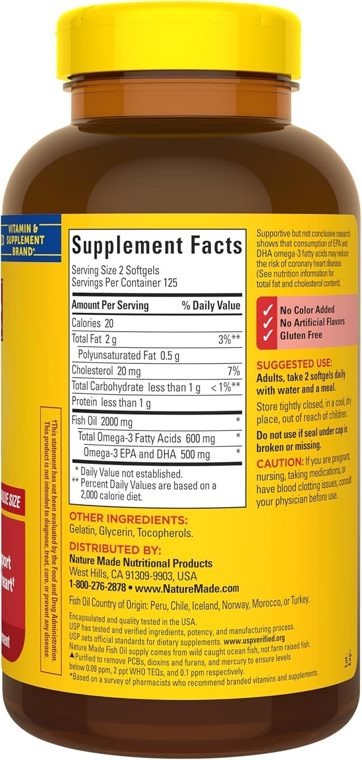Heart Health Fish Oil Omega-3 Supplements 1000mg – 250 Softgels for 125 Days