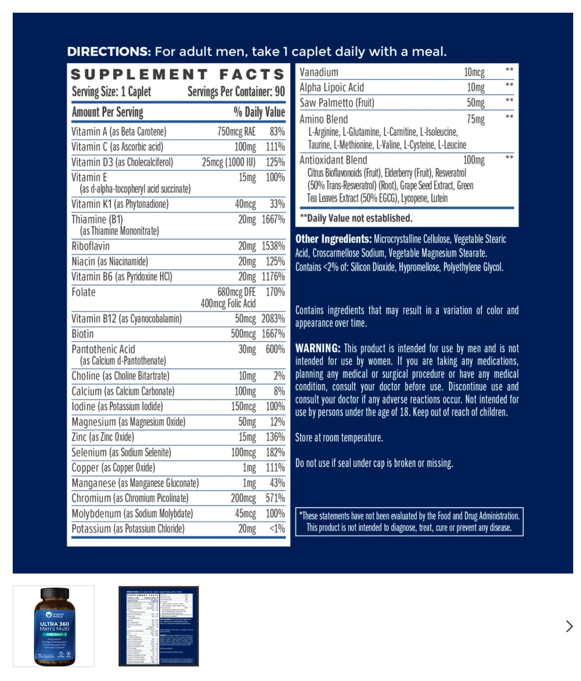 Vitamin World Ultra 360 Men’s Multi One Daily Antioxidant, Energy & Metabolism S