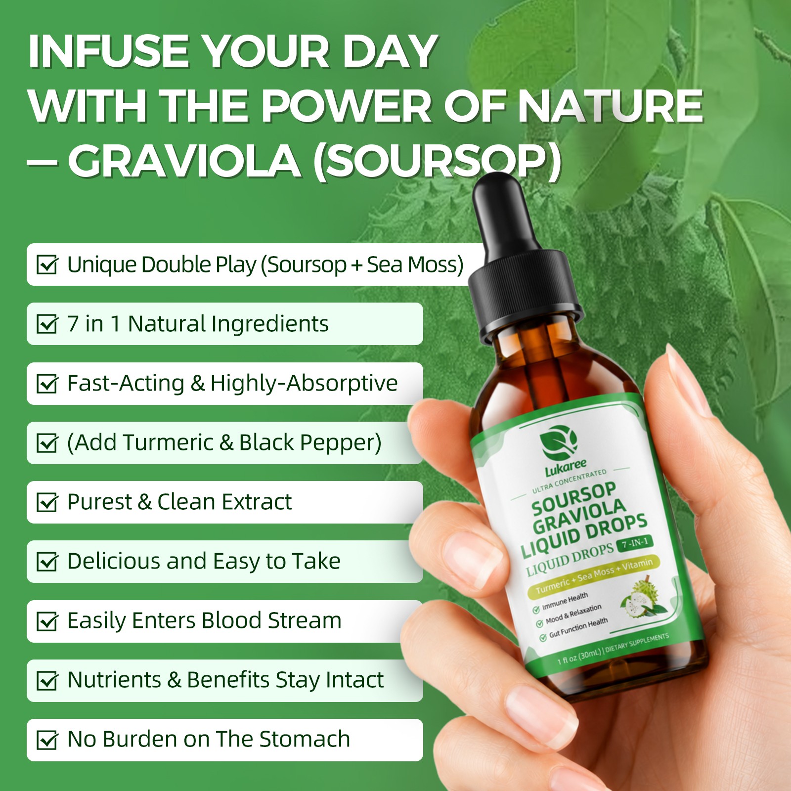 Soursop Graviola Liquid Drops 1000mg, Soursop Leaves Extract Immune System