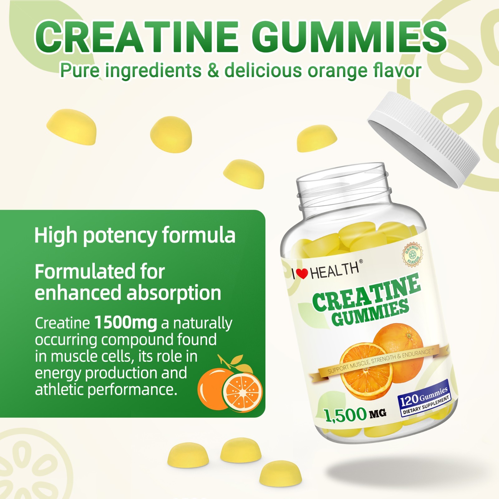 Creatine Monohydrate Gummies 1500mg – Muscle Builder, 120 Count Orange Flavor