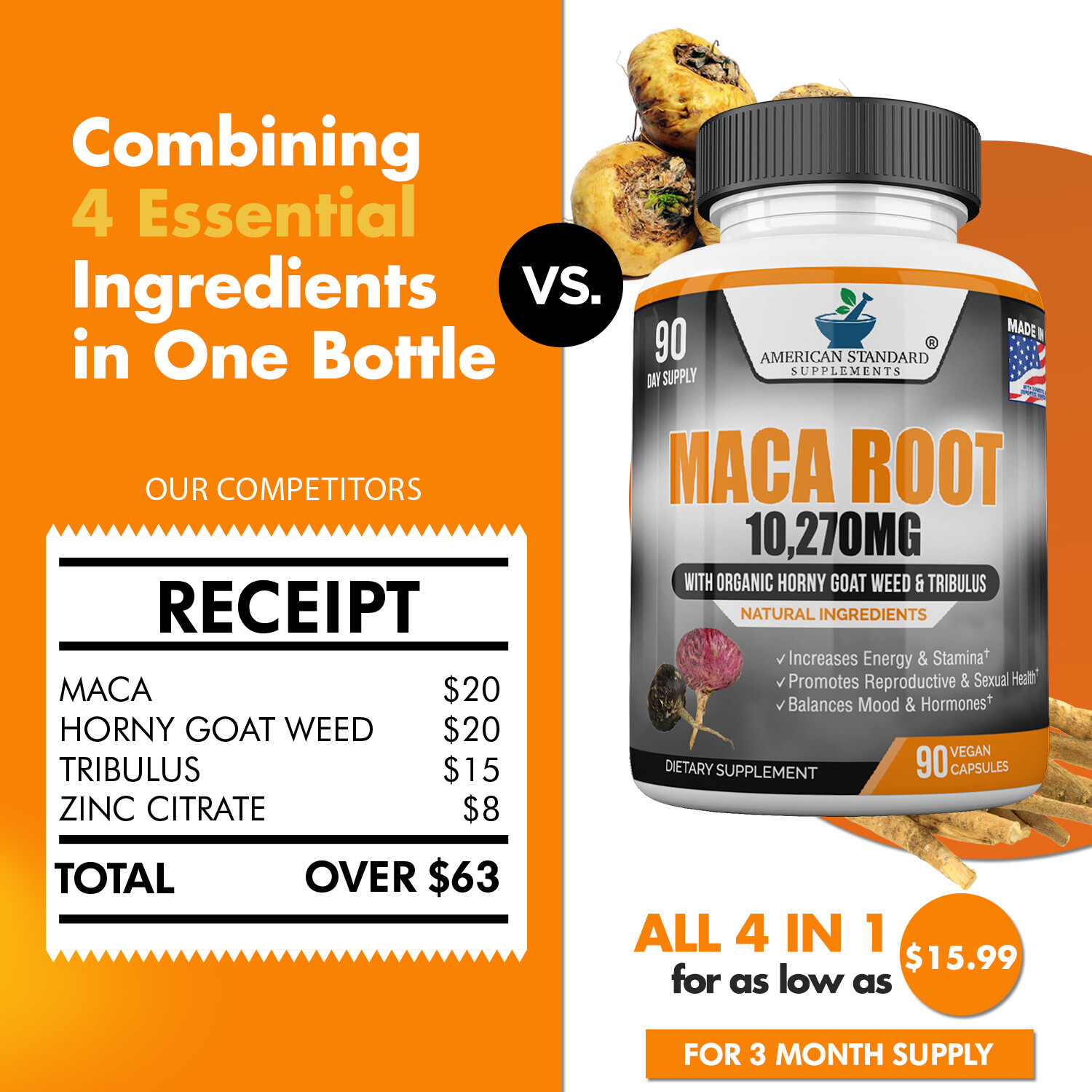Maca Root Capsules Organic 10270mg with Tribulus, Horny Goat Weed, Zinc – 90Caps