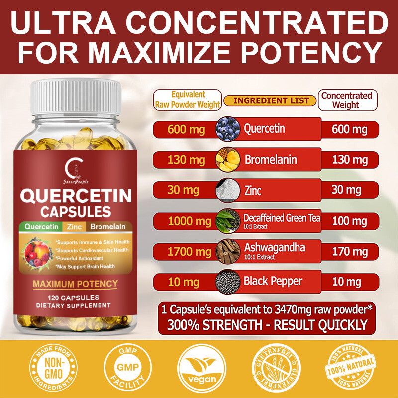 120Pcs Quercetin 1000mg with Bromelain & Zinc Natural Immune Support Supplement
