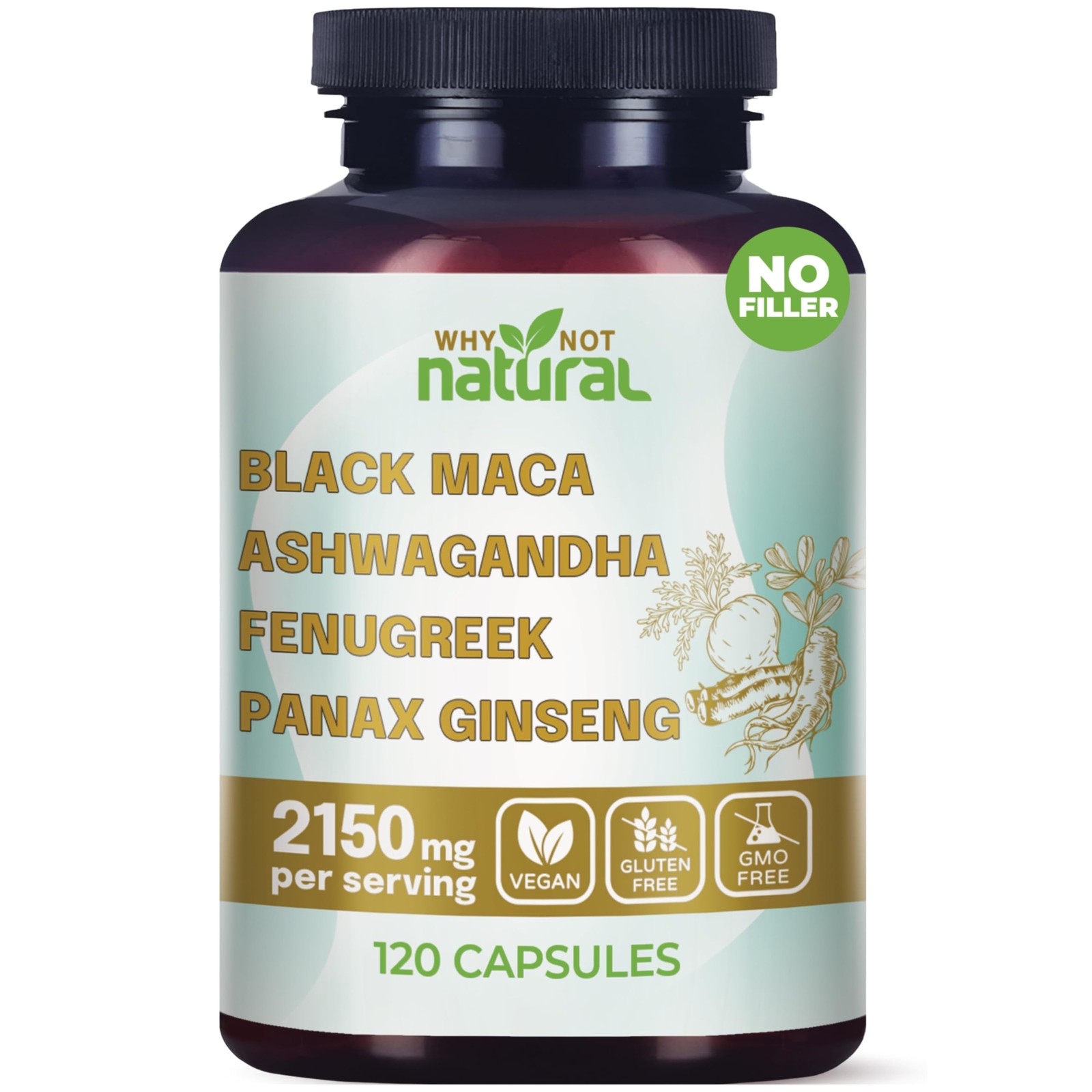 4-in-1 Organic Black Maca Root, Ashwagandha, Fenugreek, Panax Ginseng Capsule…