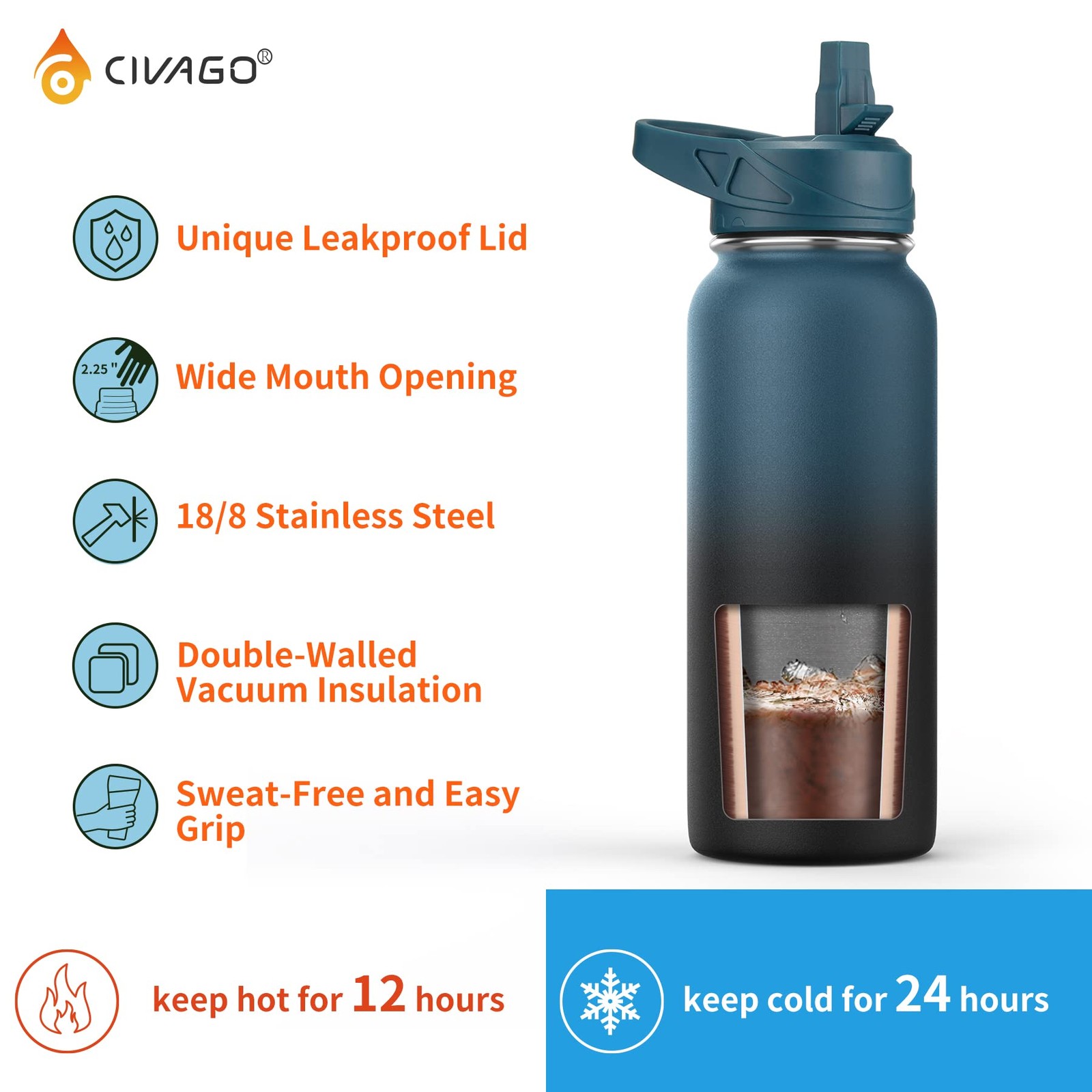 CIVAGO 64 oz Insulated Water Bottle With Straw, Half Gallon 64 Ounces, Black