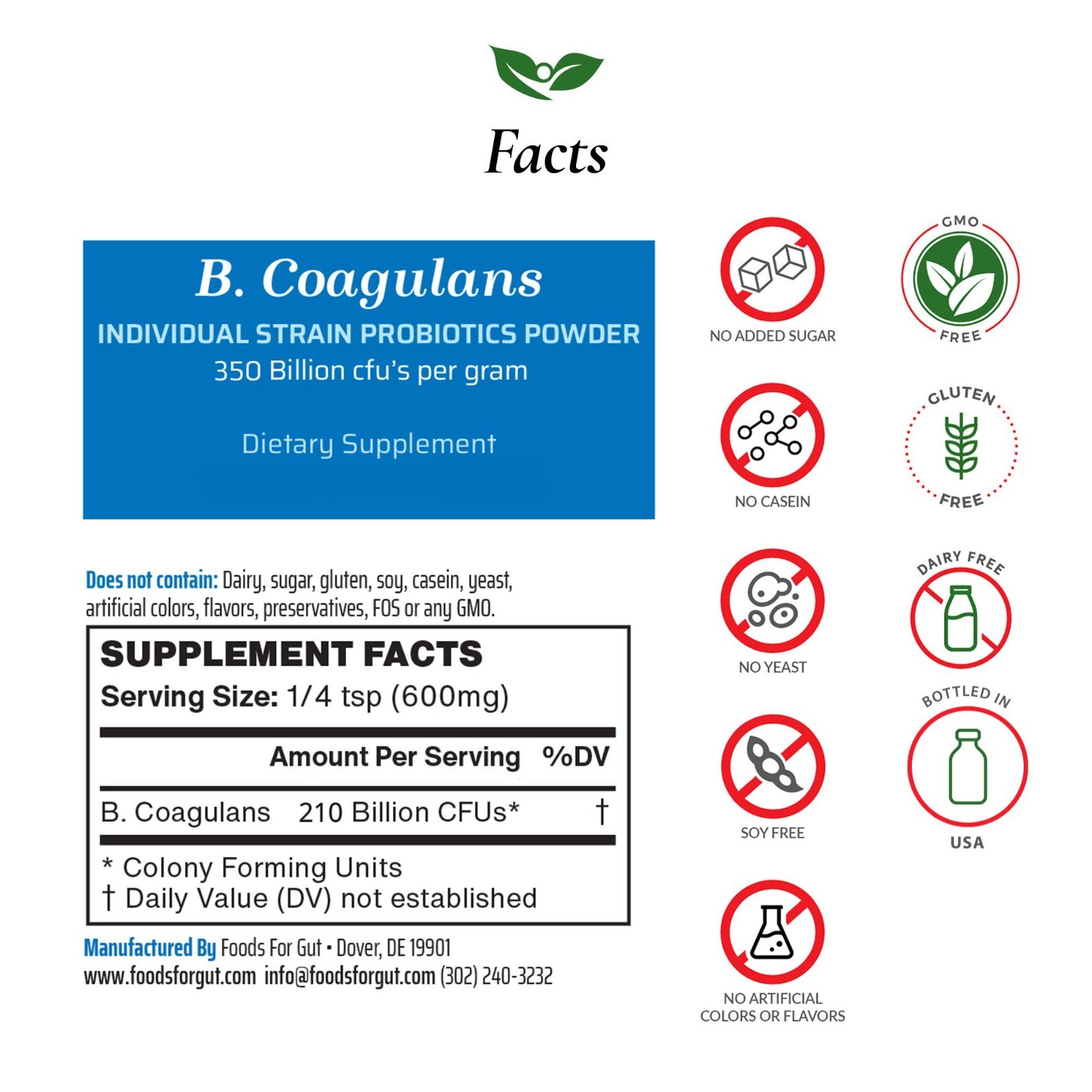 Bacillus Coagulans Probiotic Powder 350B CFU | Bottled in USA | No Additives