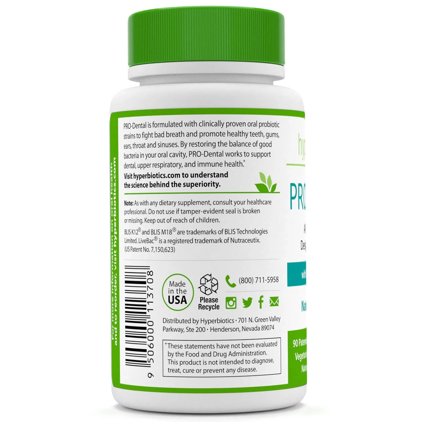 Hyperbiotics PRO-Dental Natural Mint Flavor 90 Chewable Tablets Gluten-Free,