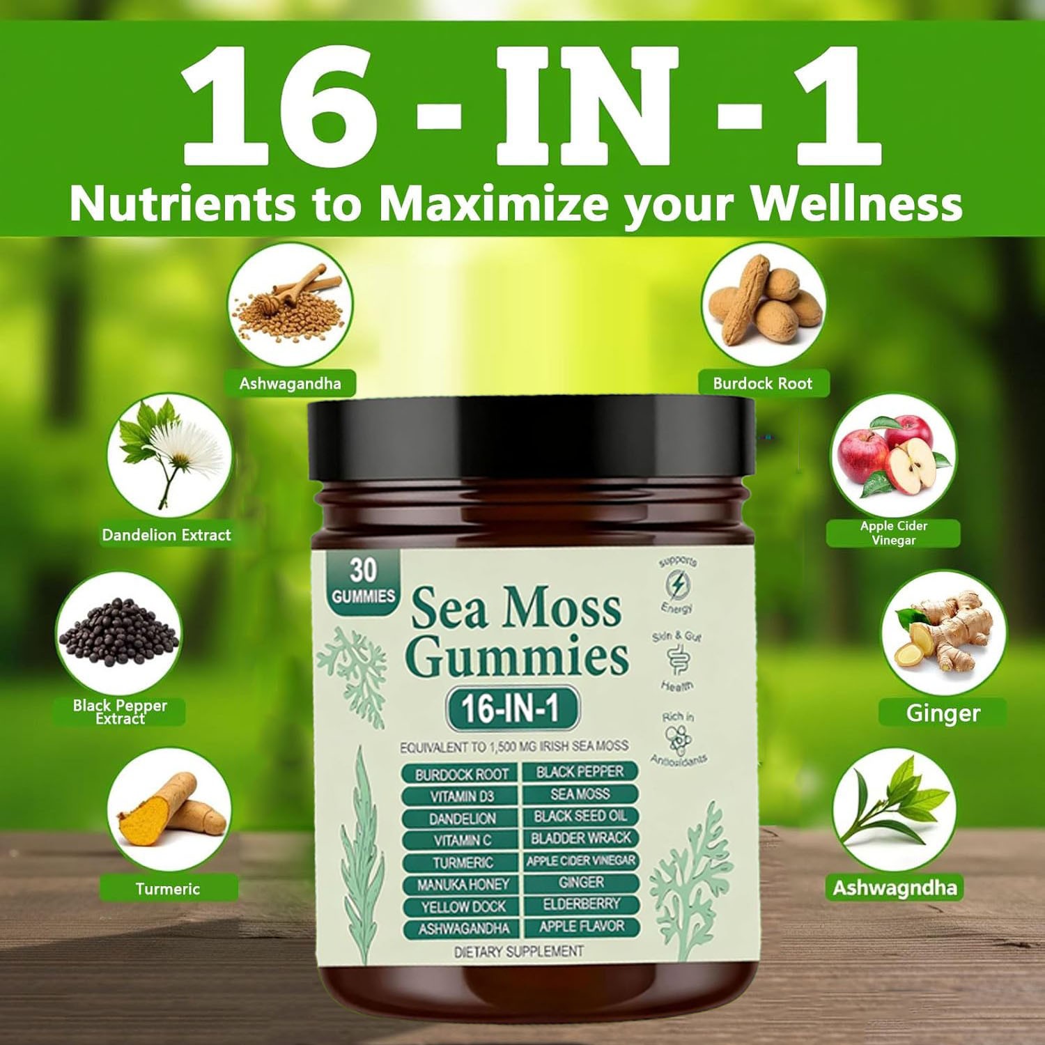 16 in 1 Organic Sea Moss Gummy | Irishmoss Extract 6000Mg | Green Apple Flavor