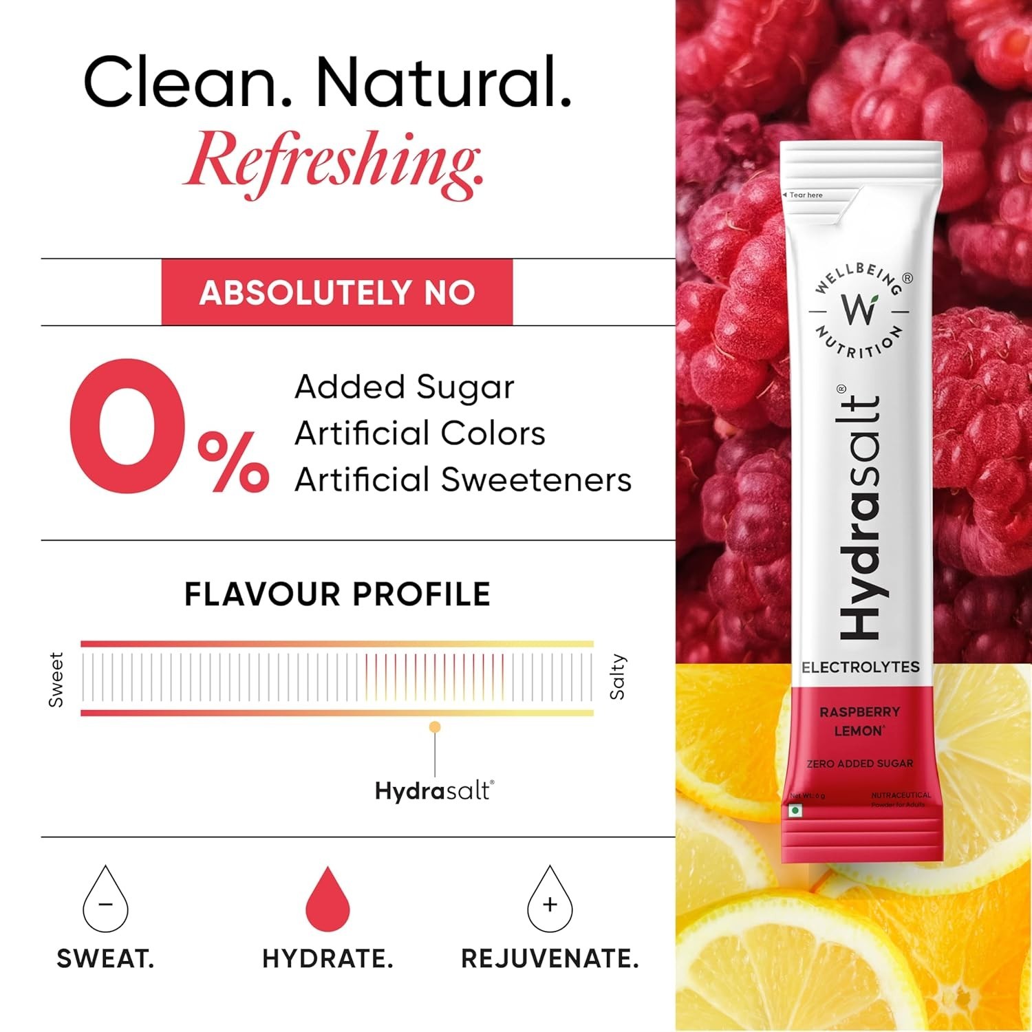 Wellbeing Nutrition HydraSalt Electrolyte Drink Raspberry Lemon Flavor 90g 15N