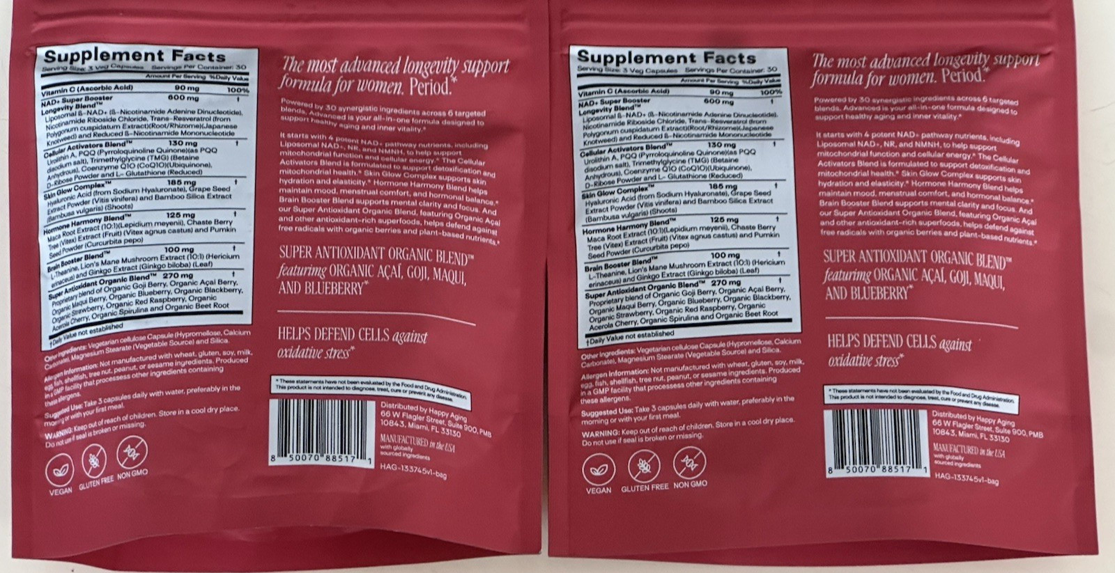 2 Pack Happy Aging Essential Longevity Formula NAD+ Women’s Energy 90ct Capsules
