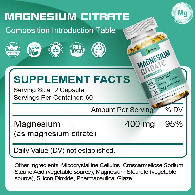 ZHPHK High Absorption Magnesium Citrate 400mg 120 Capsules Dietary Supplement