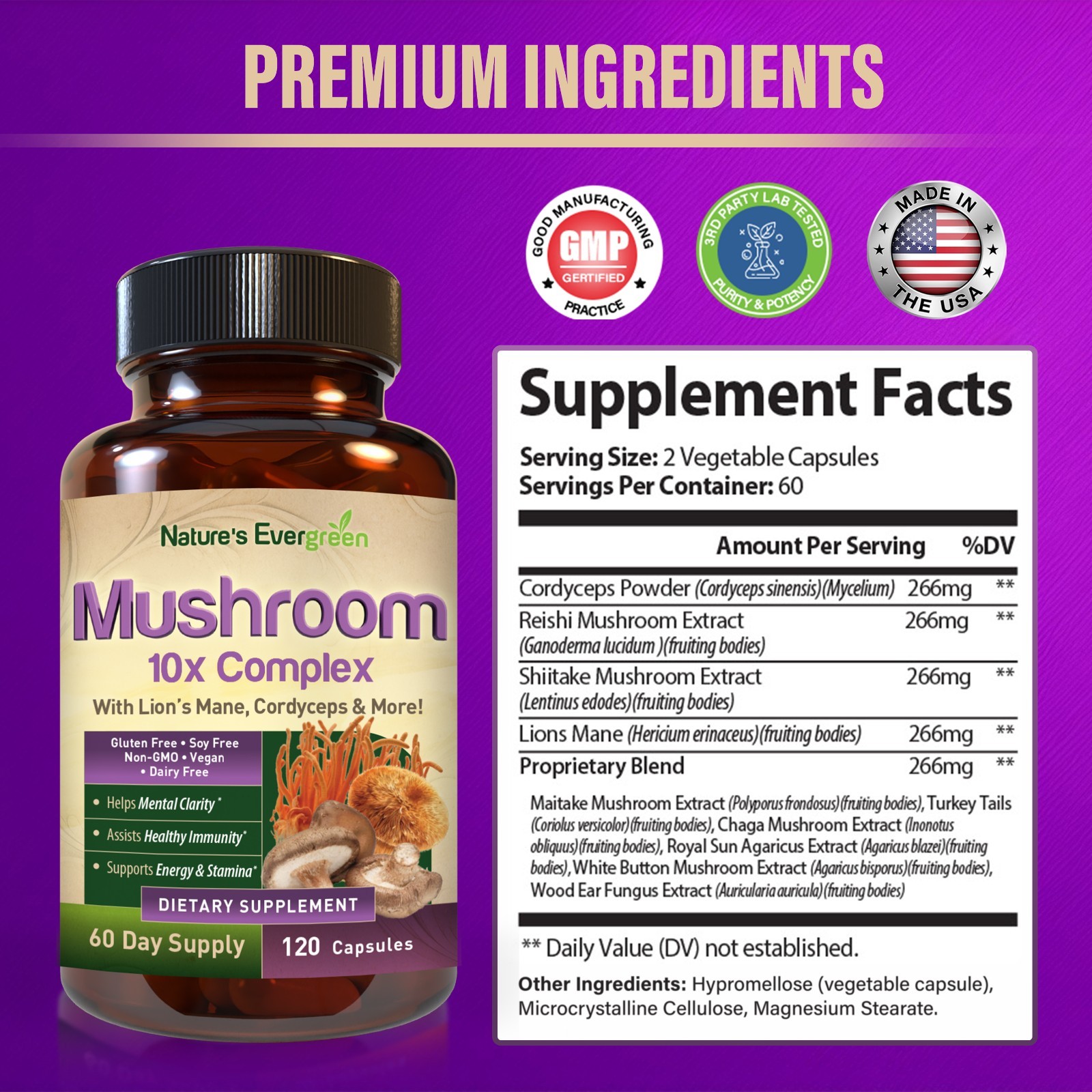 10x Mushroom Complex Supplement, Lions Mane, Reishi, Shiitake, 60 Day – 120ct
