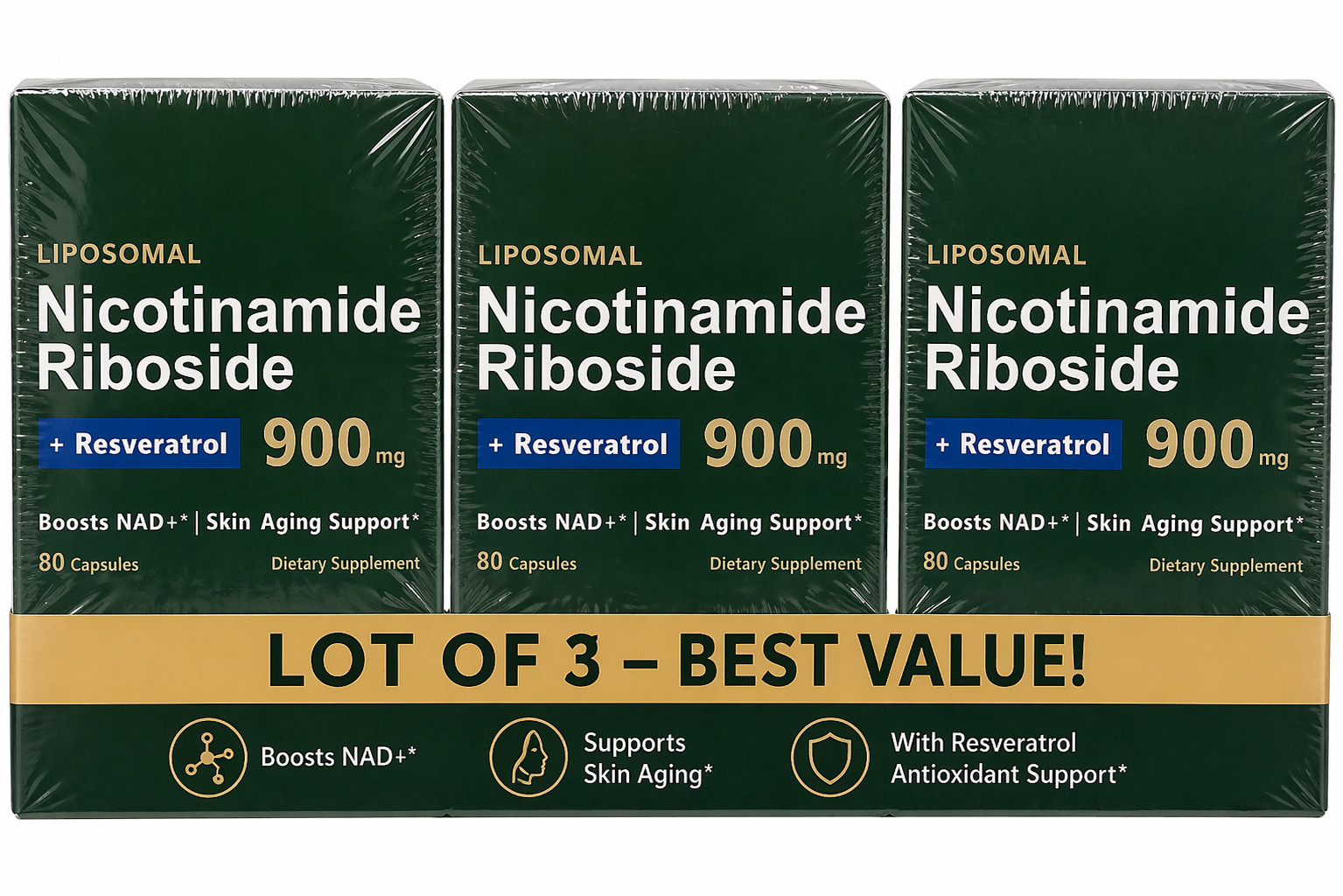 Lot of 3 Liposomal NAD+ Nicotinamide Riboside 900mg & Resveratrol 80ct EXP 09/26
