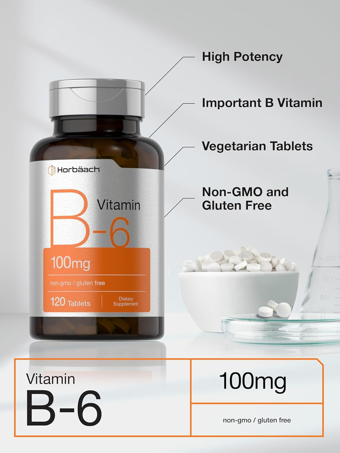 Horbaach Vitamin B-6 100Mg, 120 Vegetarian Tablets, Pyridoxine Hcl, Non-Gmo