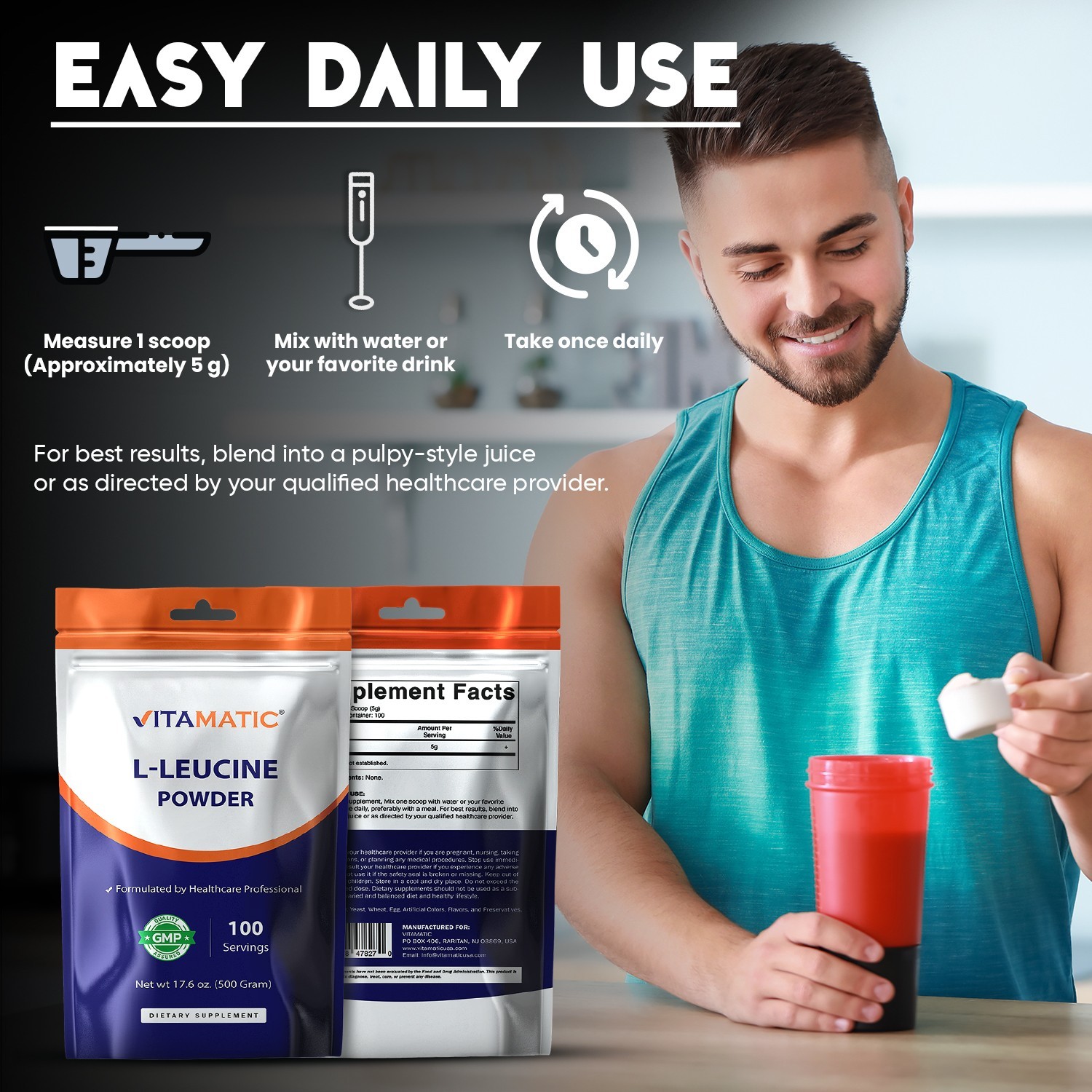 Vitamatic L-Leucine Powder 500g (17.6 oz), 5g Per Serving, Pure Amino Acid Supp.