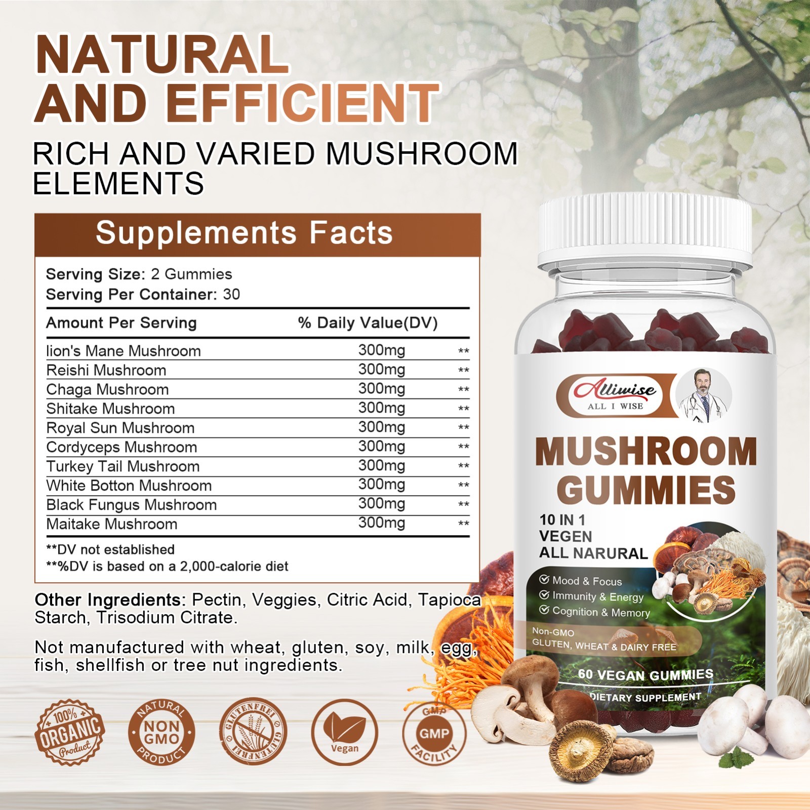 Mushroom Extract Complex Gummies Lions Mane Chaga Reishi Focus Memory Immunity