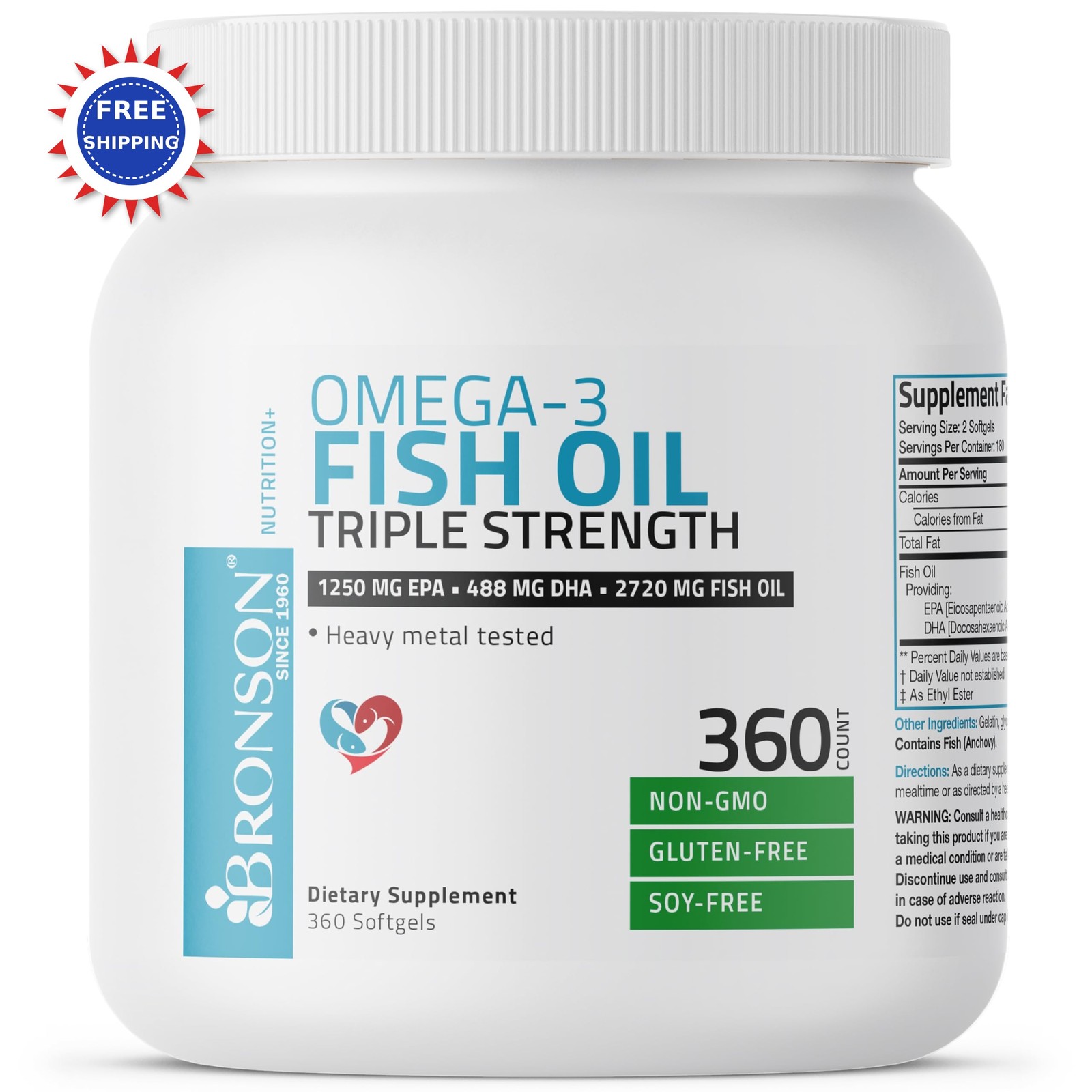 Omega 3 Fish Oil Softgels 360 Count 2720mg EPA 1250mg DHA 488mg Bronson Triple