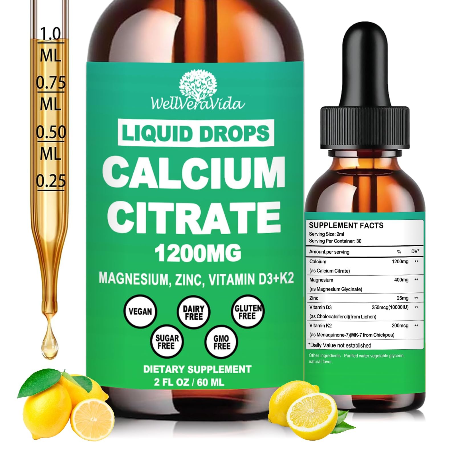 Calcium 1200 mg with Vitamin D3, Citrate 2 Fl Oz (Pack of 1)