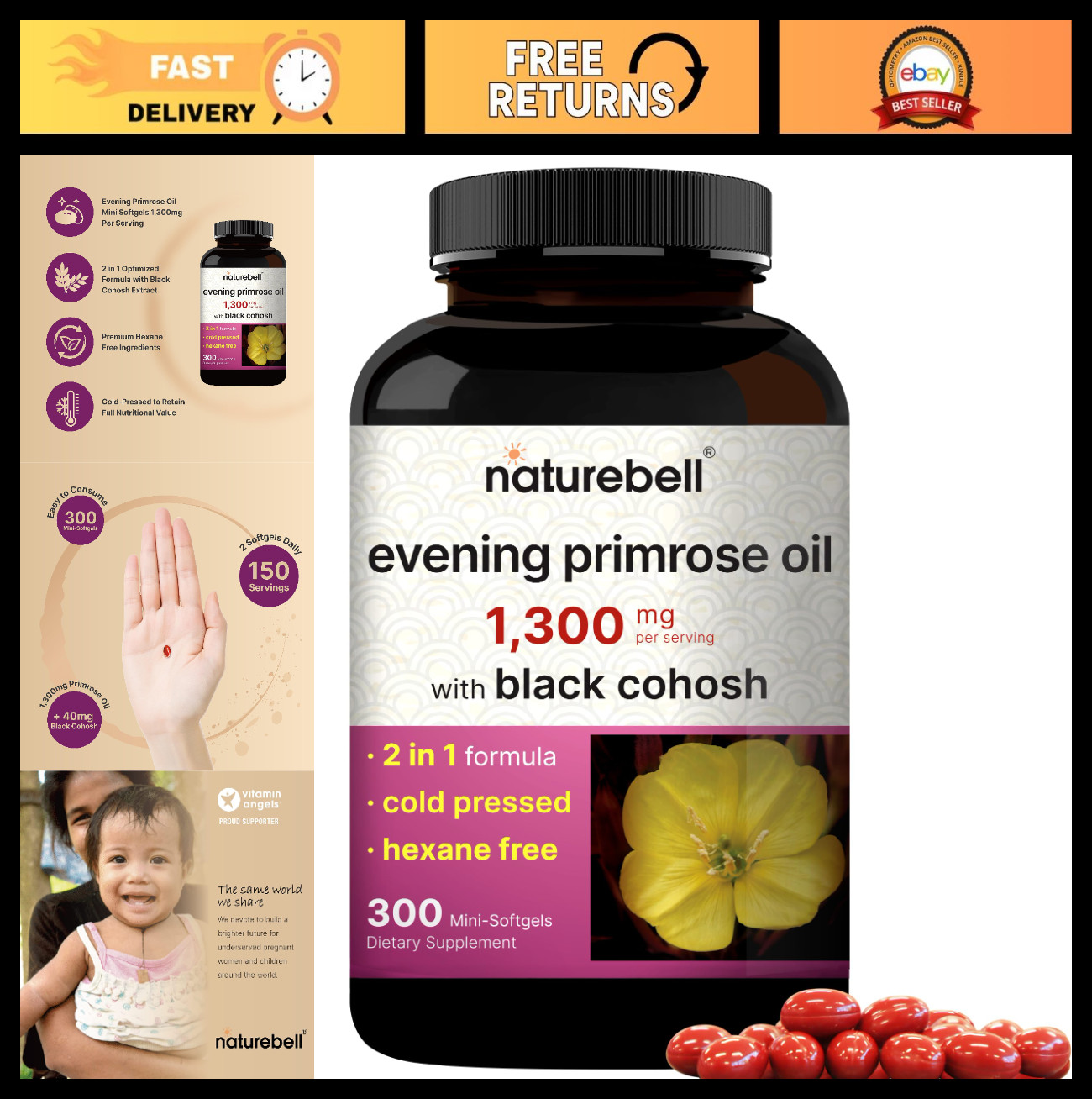 Evening Primrose Oil & Black Cohosh 1300mg, 300 Mini Softgels for Women’s Health