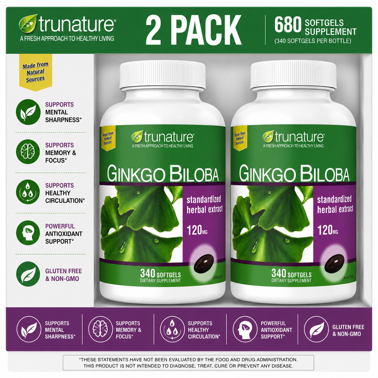 2-Pack Trunature Ginkgo Biloba 120mg, 340 Softgels