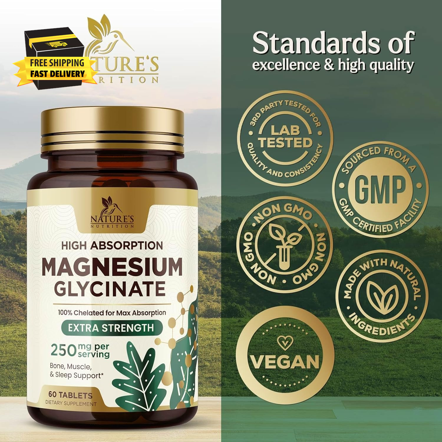 Magnesium (Glycinate) 250 Mg – 100% Chelated & High Absorption Magnesium Supplem
