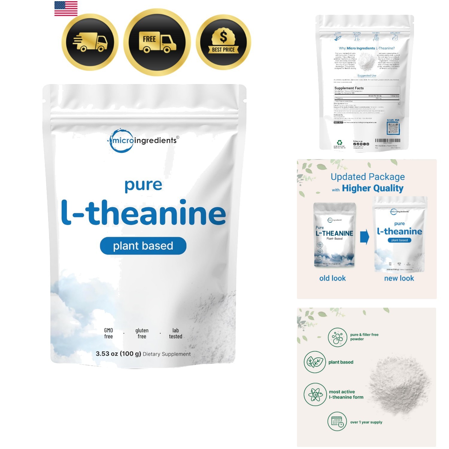 Pure L-Theanine Powder, 100 Grams 1 Supply, Filler Free, No GMOs and Friendly