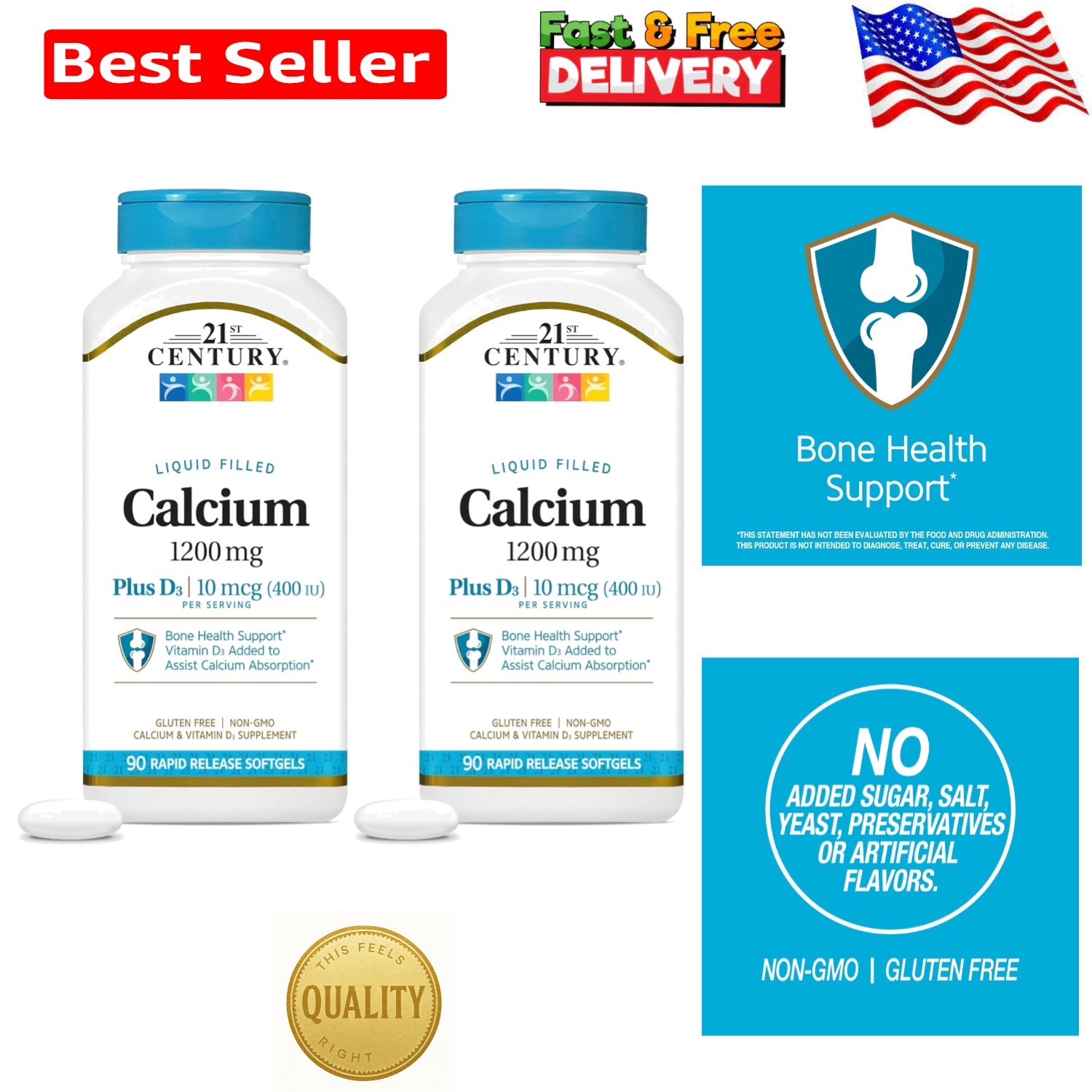 Calcium Plus D3 Liquid Filled Softgel, 1200 mg, 90 Count Pack of 2